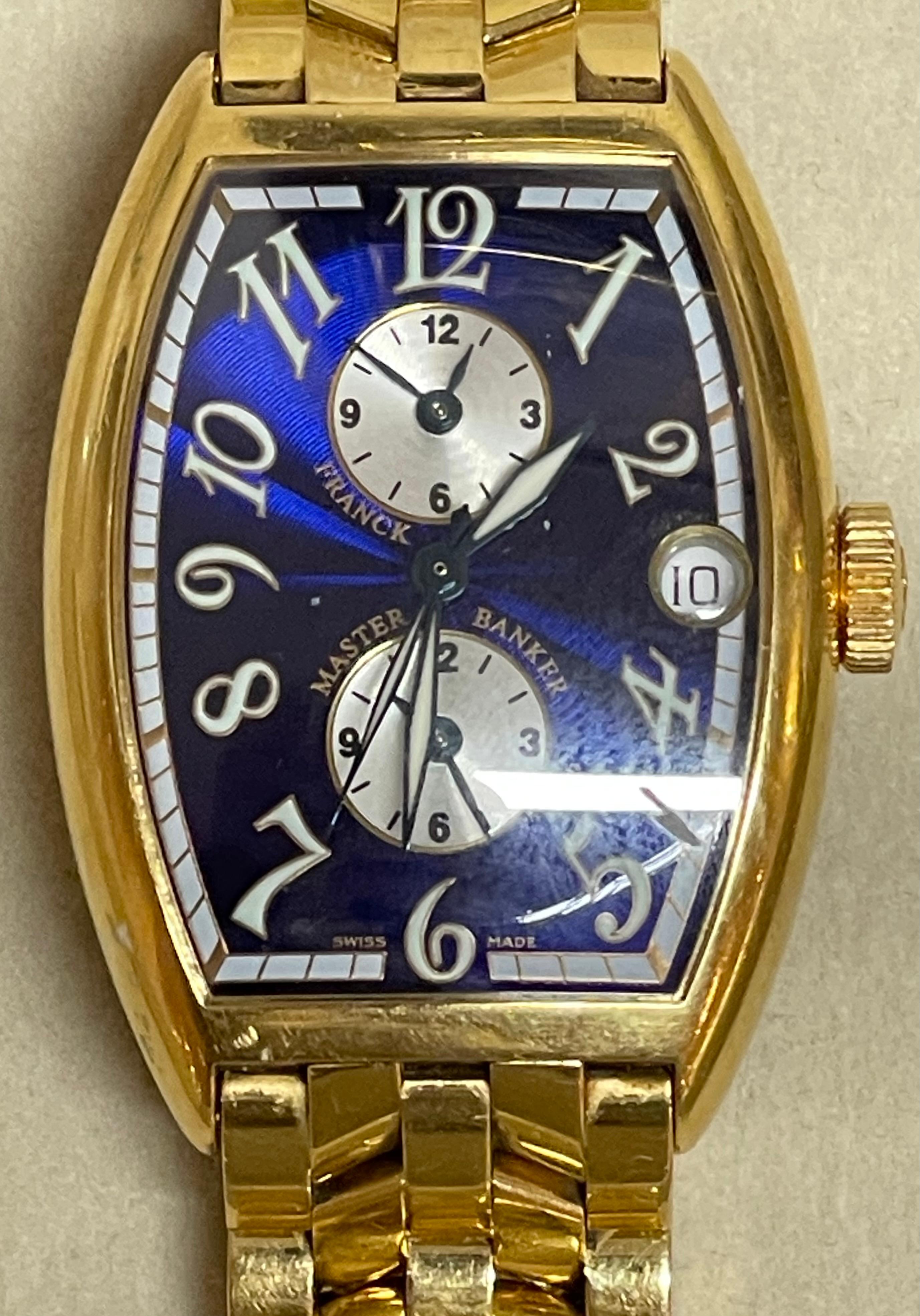 Franck Muller Master Banker Or 18K Cadran Bleu Montre Automatique pour Homme 5850 MB Bon état - En vente à Manhasset, NY