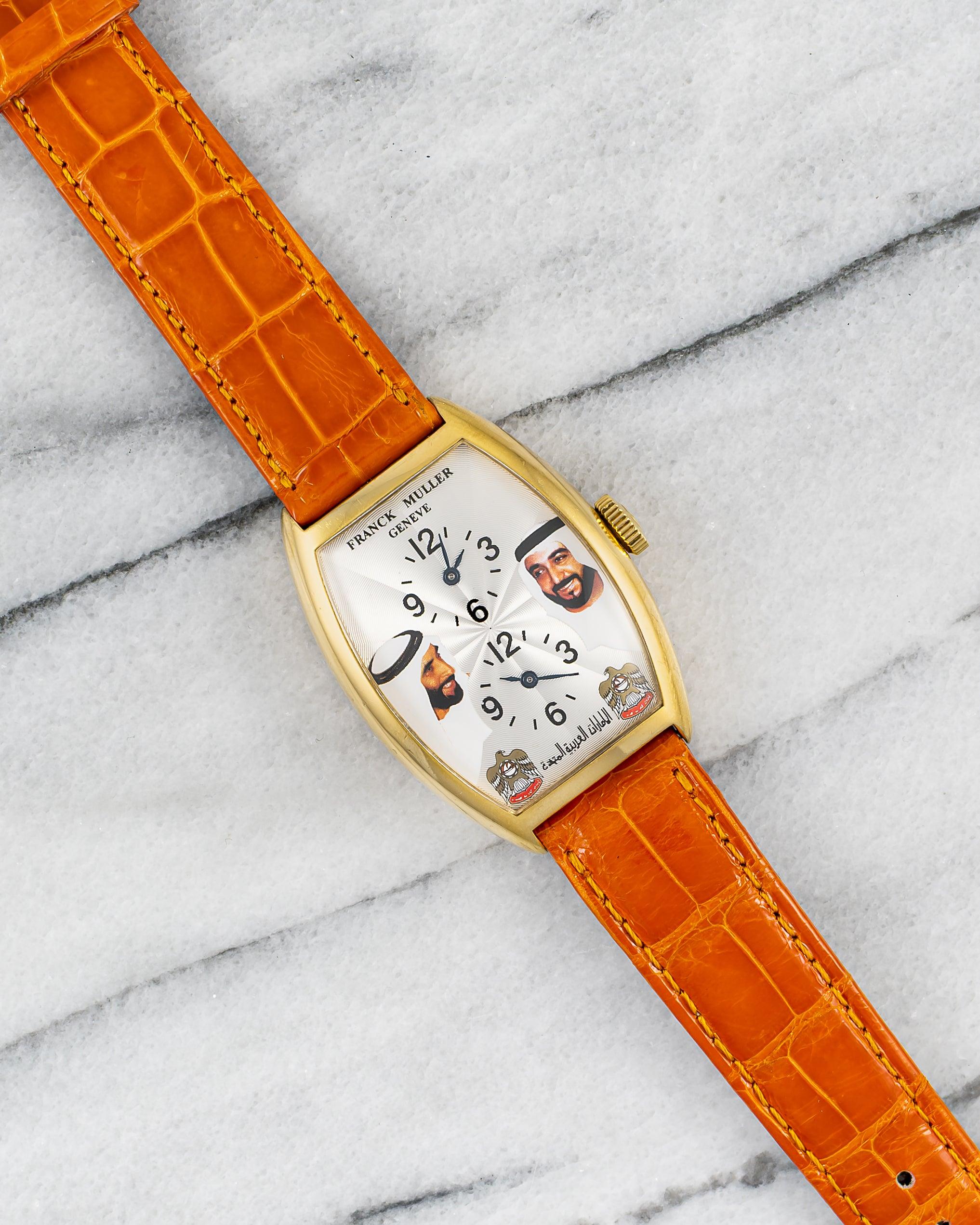 Here's a Franck Muller Master Banker automatic reference 5850 in 18k yellow gold with a silver guilloche dial Emirates limited edition produced for Emirates with a silver in the 1990s. Measurements include a 32mm case across and an 18mm lug width.