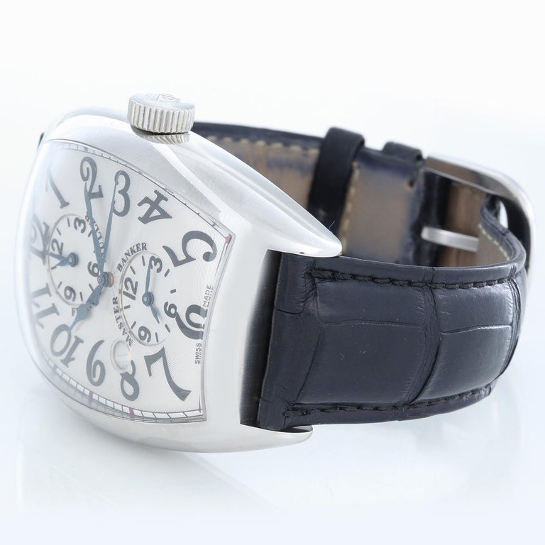 Franck Muller Master Banker  Men's Watch Ref 9880 MB SC DT - Automatic winding; Sapphire crystal. Stainless Steel tonneau case ( 43 x 60 mm ). White dial with Arabic numbers; two subdials at 3 and 12 o'clock. Black Franck Muller leather strap with