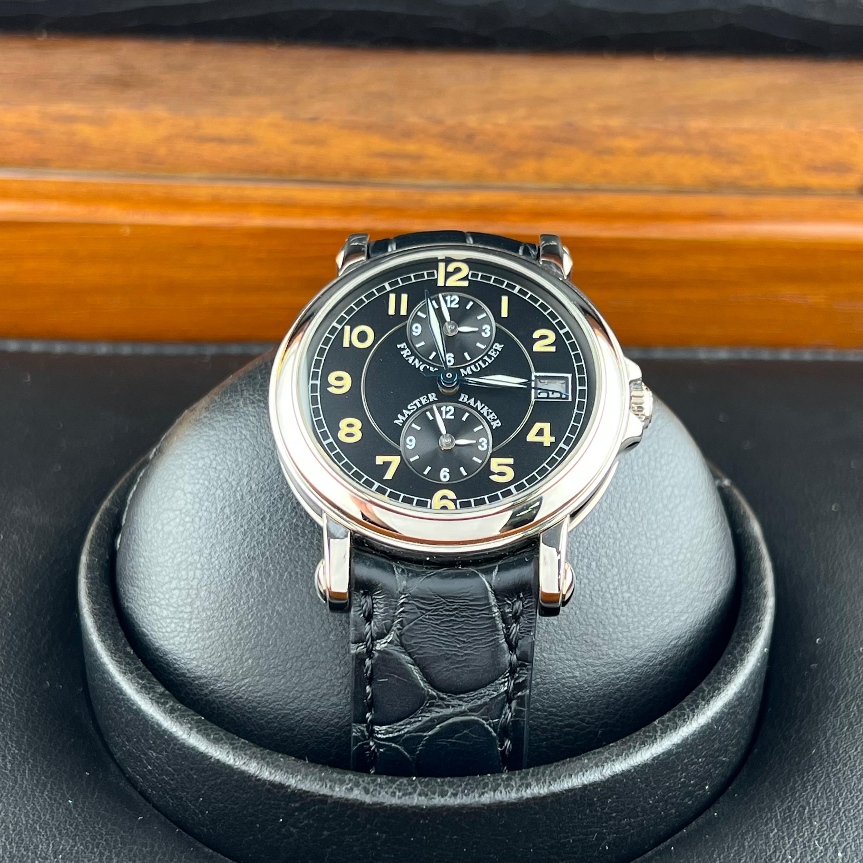 Style Number: 3802



Year: 2001

 

Model: Franck Muller Master Banker Triple Time Zone

 

Case Material: 18K White Gold 

 

Band: Black Leather 

  

Bezel: 18K white Gold 

  

Dial: Black Dial 

 

Face: Sapphire Crystal 

 

Case Size:
