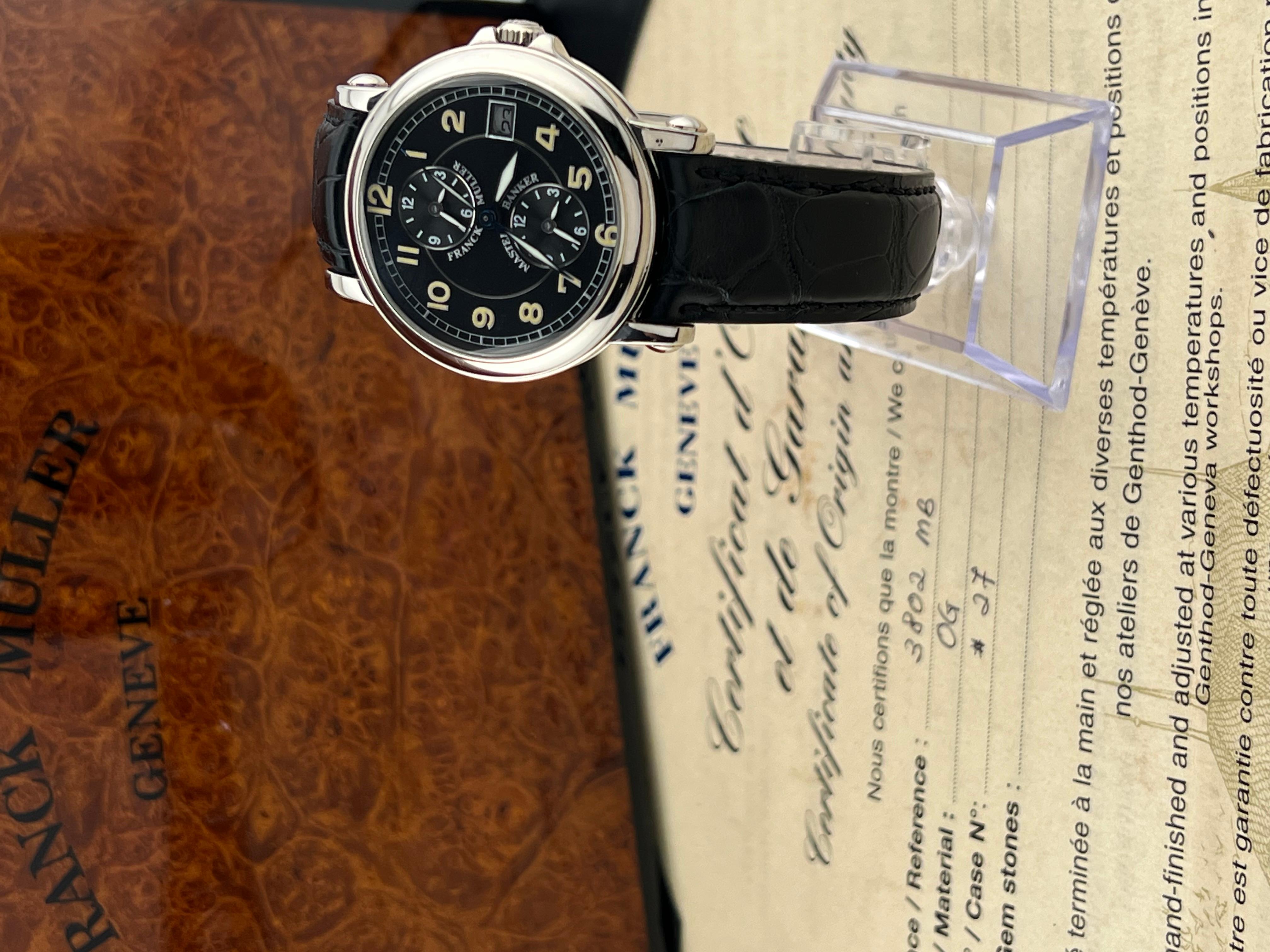 Franck Muller Master Banker Triple Time Zone Ref 3802 37.5mm 18K Gold Box Paper In Excellent Condition For Sale In San Diego, CA