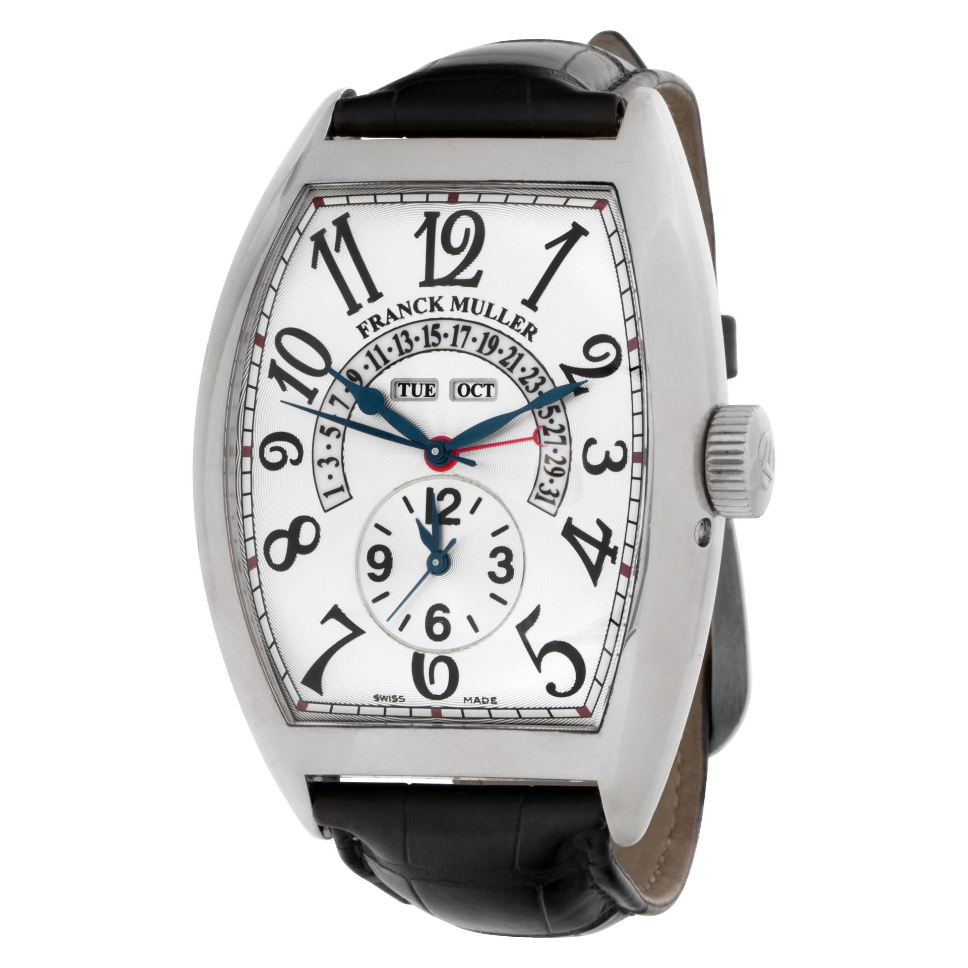 Franck Muller Master of Complications in 18k white gold on black alligator band with 18k original tang buckle. Auto w/ retrograde date, day, month, sub-seconds and dual time. 60 mm length (lug to lug) by 43 mm width case size. Ref 9880 mc mb. Circa