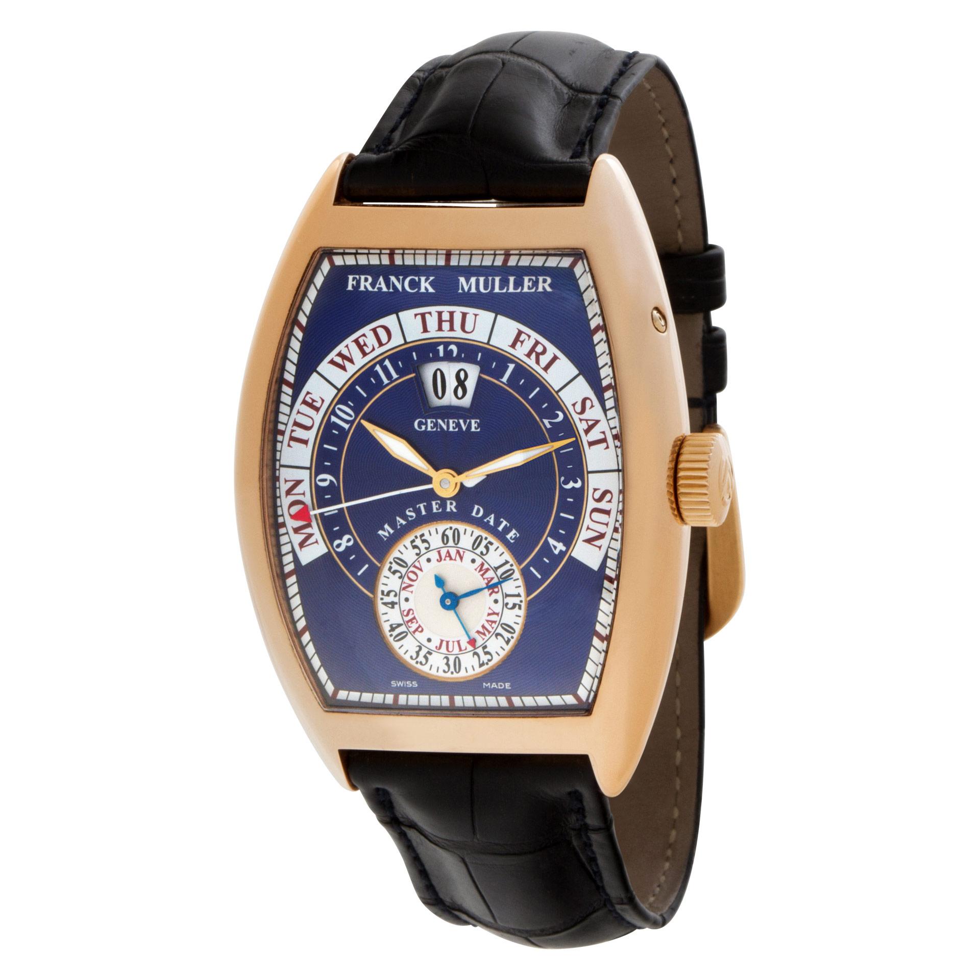 Franck Muller Master Date in 18k rose gold on leather strap with 18k rose gold tang buckle. Auto with subseconds, date, day, month and annual calendar. 39 mm case size. Ref 8880 GG DT. Fine Pre-owned Franck Muller Watch. Certified preowned Dress