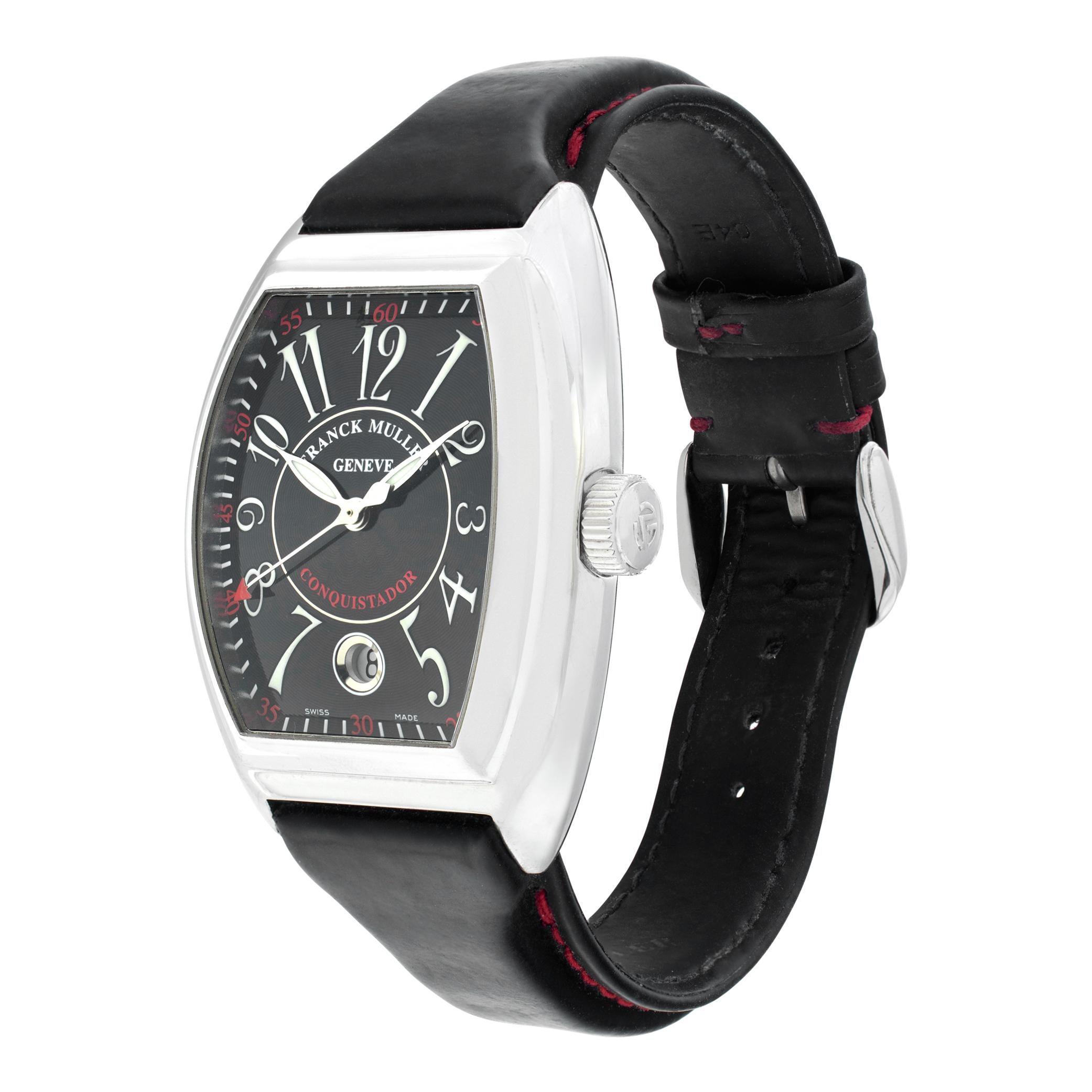 Franck Muller Master of Complication Conquistador in stainless steel with black leather strap on FM stainless steel tang buckle. With sweep seconds and date. 49 mm length (lug to lug) by 35 mm width case size. With box and papers. Ref 8005 H SC.