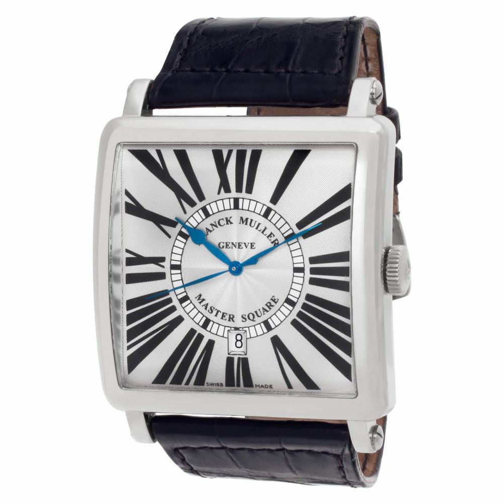 Franck Muller Master Square in 18k white gold on original black alligator strap with original 18k white gold buckle tang. Auto w/ sweep seconds and date. 42 mm case size. Ref 6000 K SC. Box and papers. Circa 2006. Fine Pre-owned Franck Muller Watch.