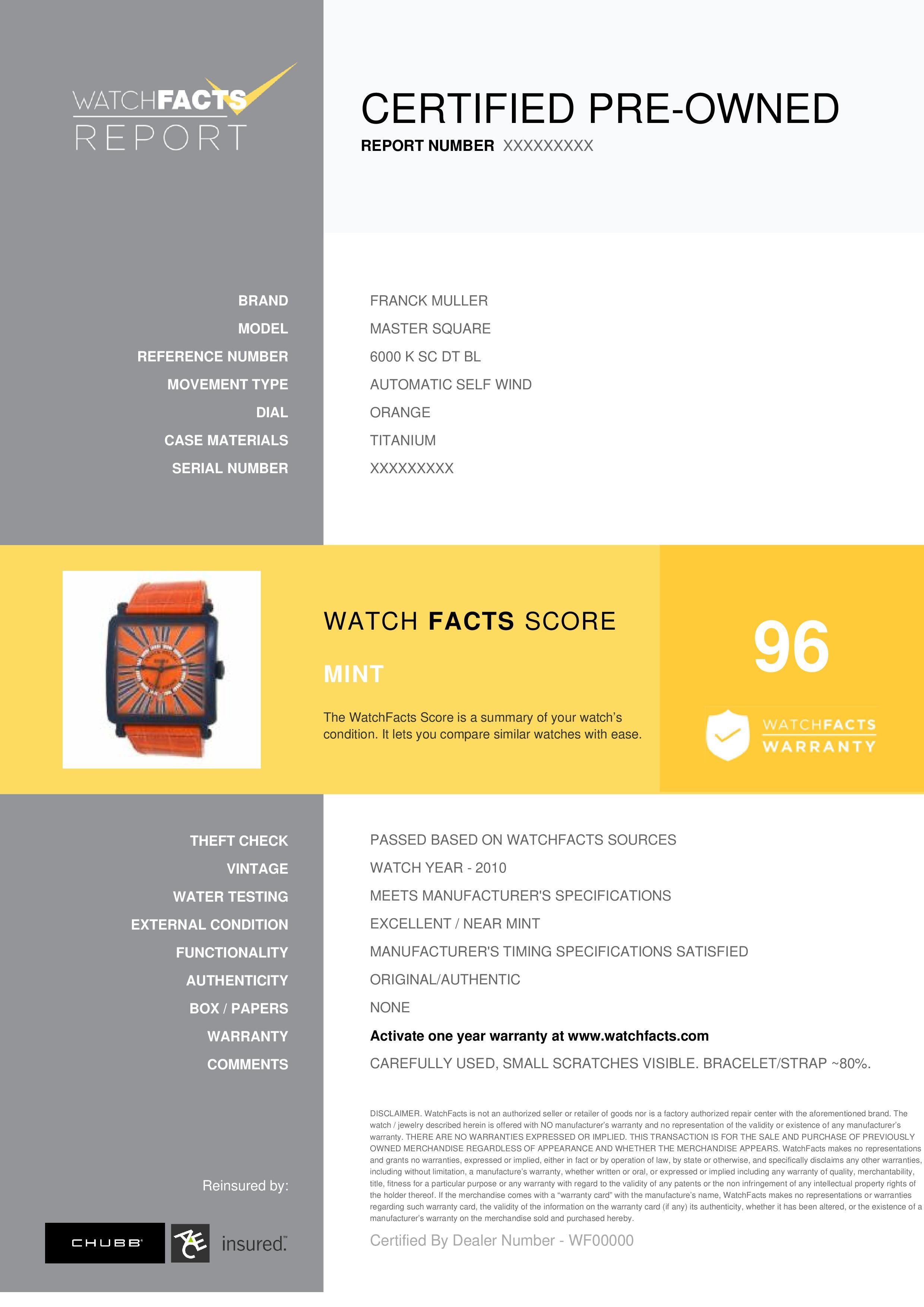 Franck Muller Master Square Referenz #: 6000 K SC DT BL. Herren Automatikuhr Titanium Orange 40 MM. Geprüft und zertifiziert von WatchFacts. 1 Jahr Garantie:: angeboten von WatchFacts