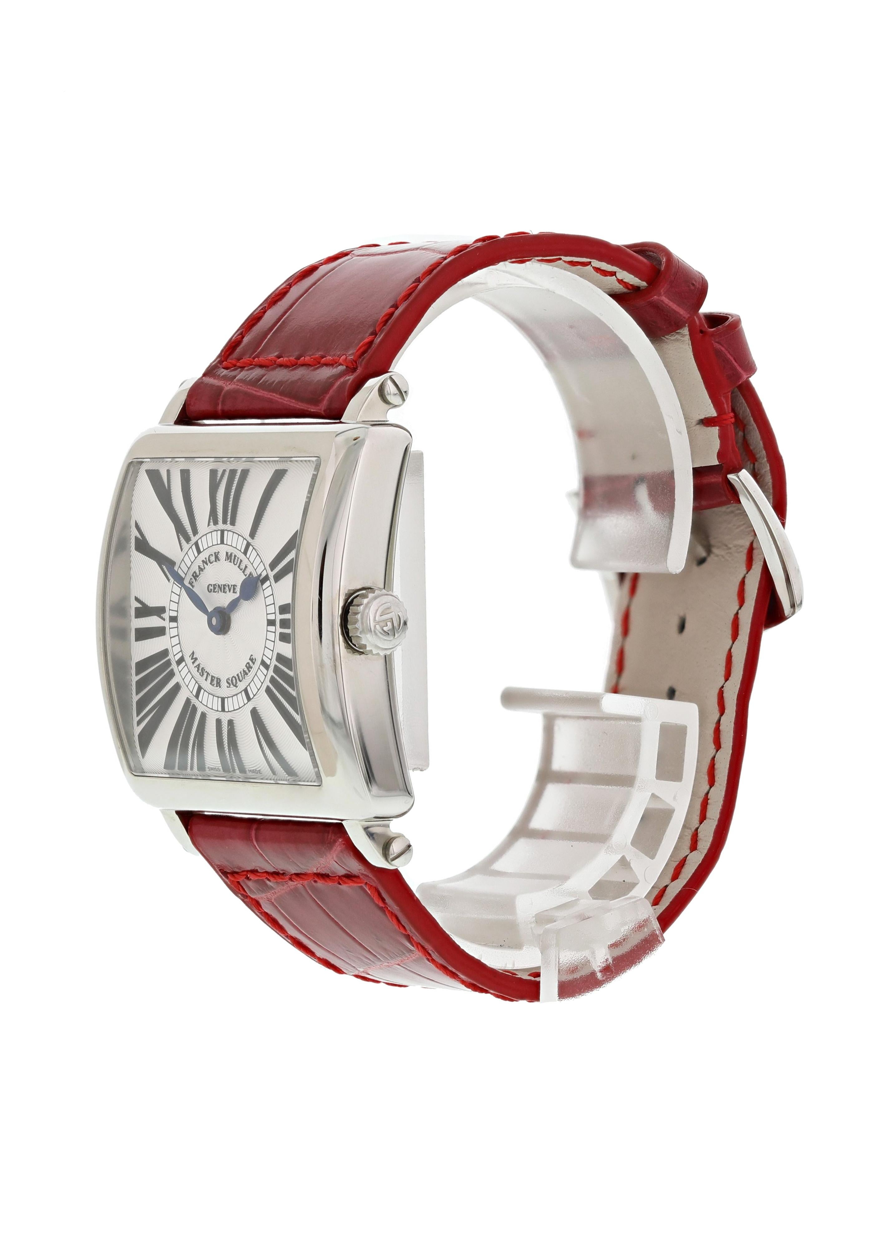 Franck Muller Master Square 2534 Mens Watch. 32.7mm stainless steel case with a smooth bezel. Silver dial with blue steel hands. Black Roman numeral hour markers. Minute marker on the inner dial. Red alligator leather strap with stainless steel