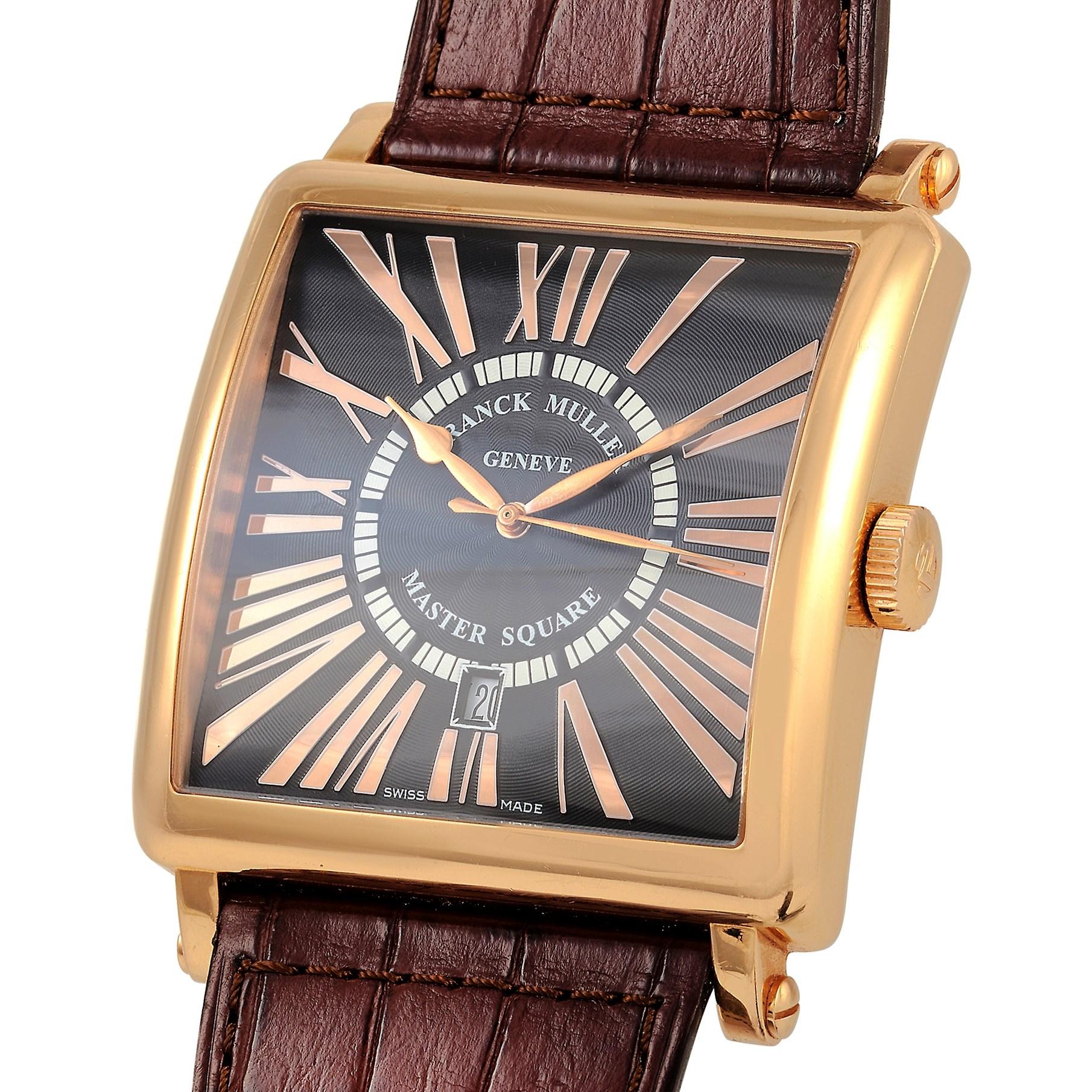 This Franck Muller Master Square Black Dial, reference number 6000 K SC DT, is presented in an 18K Yellow Gold case that measures 42 mm in diameter. The case is set on a brown alligator leather strap with tang closure. The solid case back includes