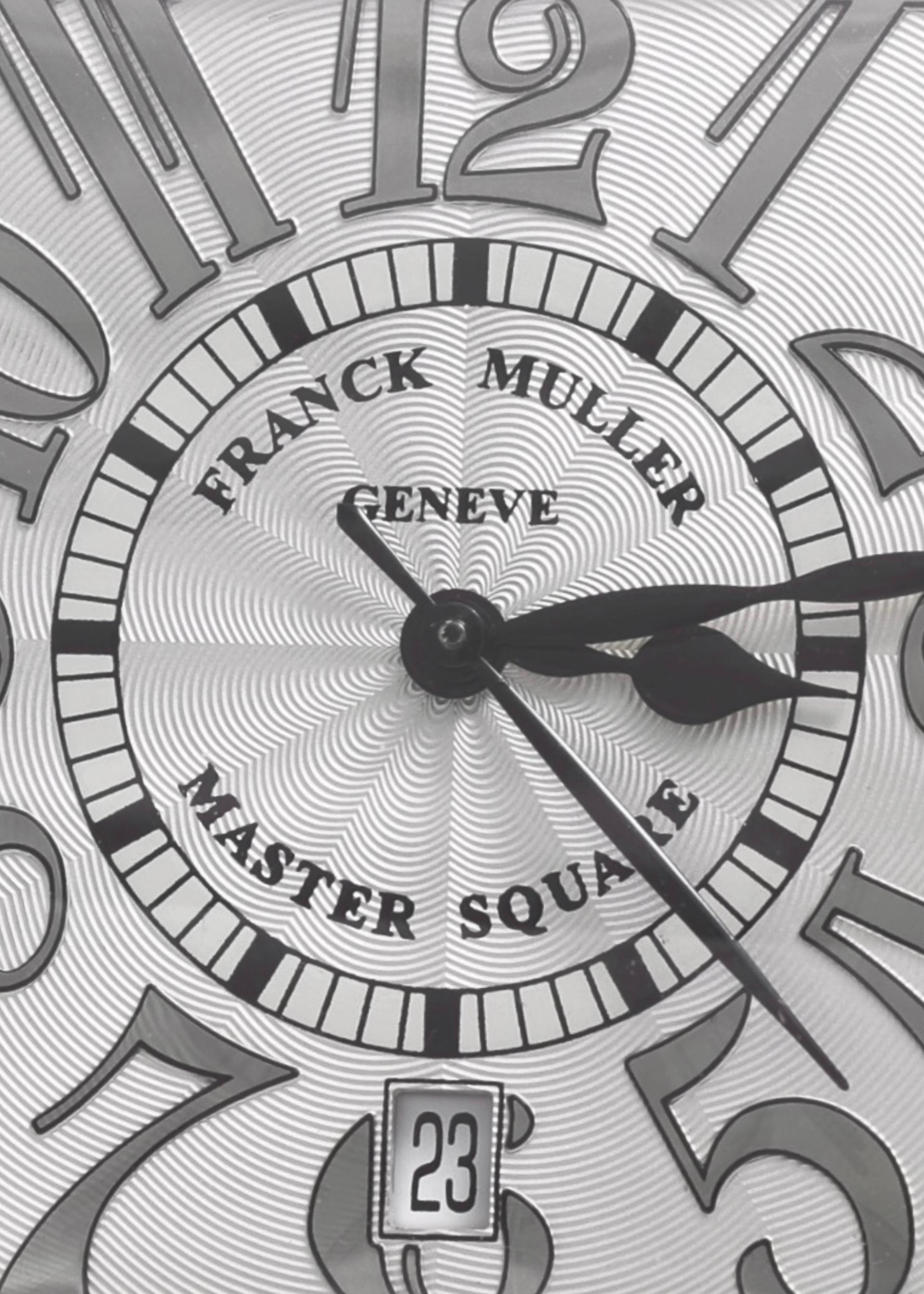 Franck Muller Master Square Full Pavé Diamonds Watch & Diamond Strap, Automatic, Ref.6000 H SC DT

Movement : Mechanical Automatic with Platinum Franck Muller Rotor.

Dial : Arabic numbers

Strap : 26mm wide, To fit 16 1/23 cm wrist ( extra links
