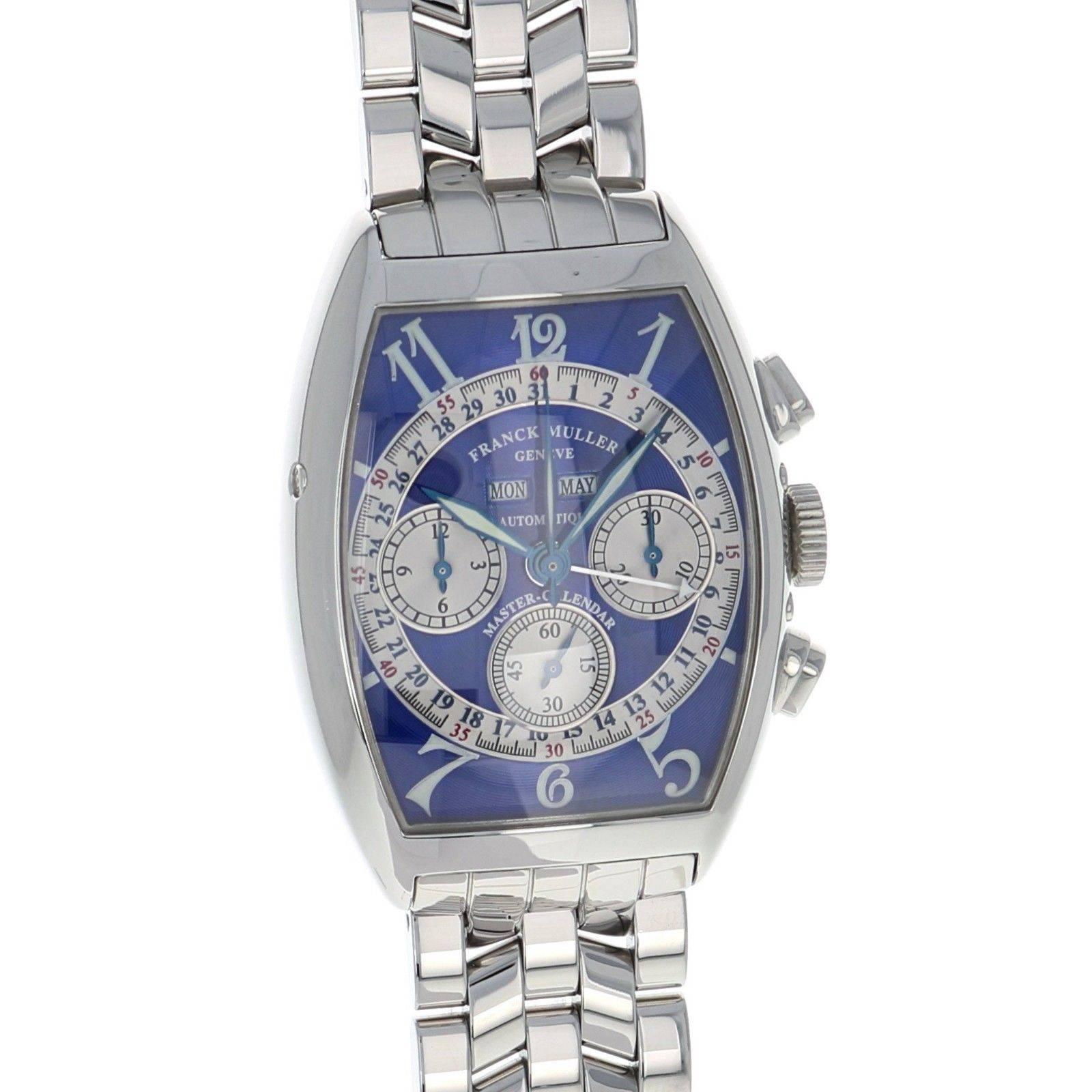 Brand Name  Franck Muller 
Style Number  6850 CC MC AT  
Also Called  6850 
Series  Master Calendar Chronograph 
Gender  Men's 
Case Material  Stainless Steel  
Dial Color  Blue
Movement  Automatic 
Engine  Cal. 1188 
Functions  Hours, Minutes,
