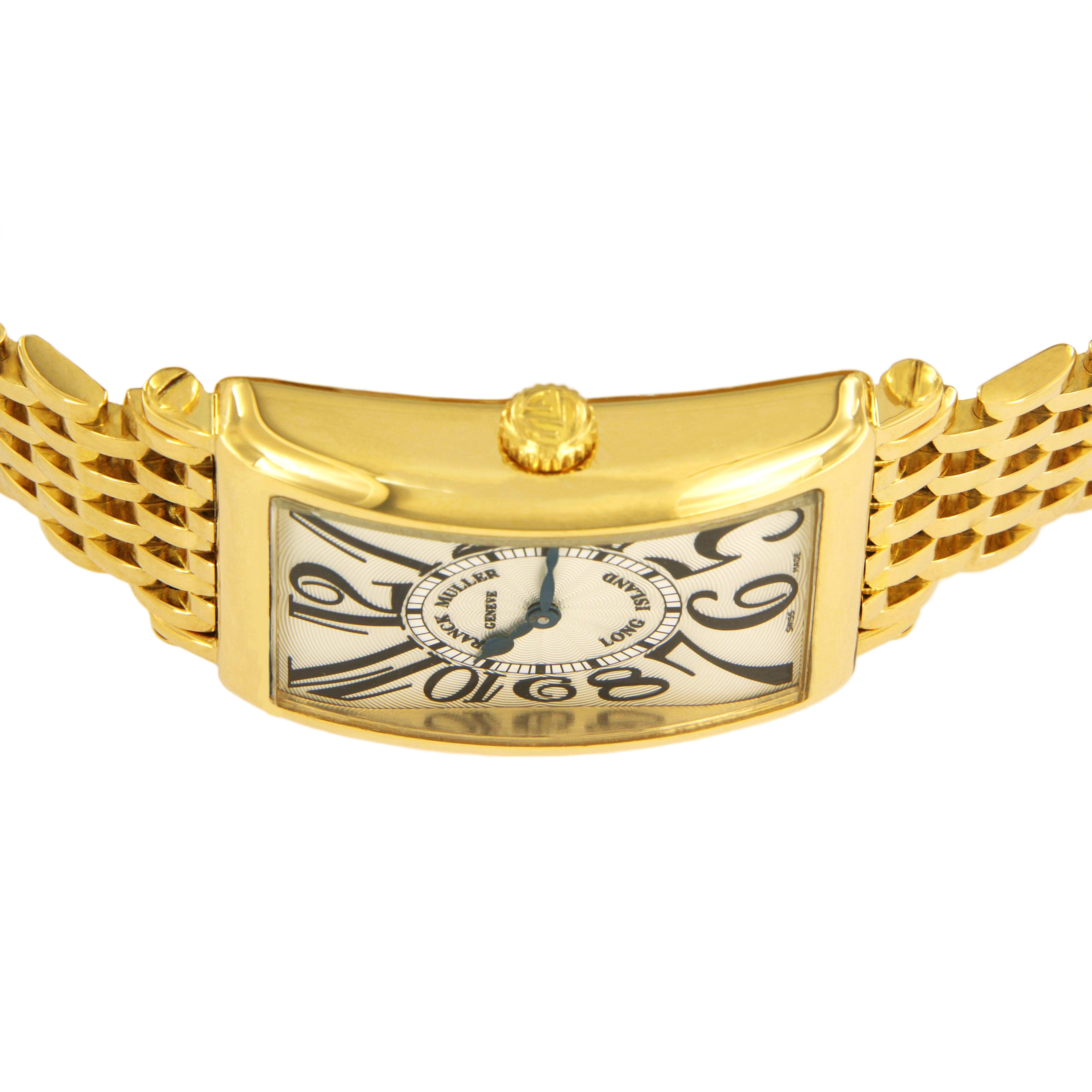FRANCK MULLER RARE LONG ISLAND 18K YELLOW GOLD WATCH 950QZ

-Mint condition 
-18k Yellow Gold
-Case size: 26x36mm
-Movement: Quartz
-Curved rectangle shape
-Dial: Silver
-Arabic Numeral
-Deploy buckle
-Full links 

*Comes with Box, No Papers.
