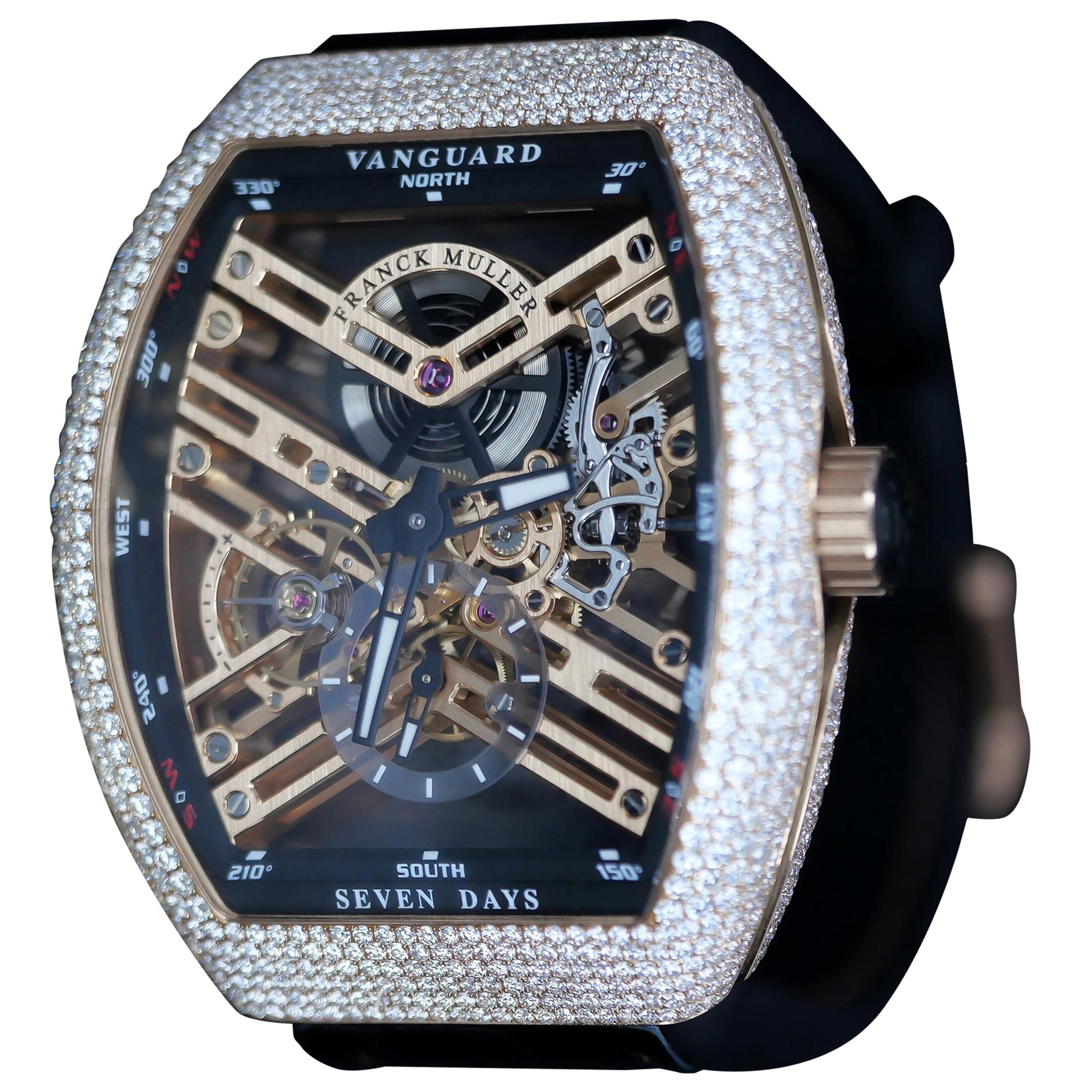 Franck Muller Rose Gold Vanguard 7 Day Power Reserve Skeleton Manual Wristwatch For Sale