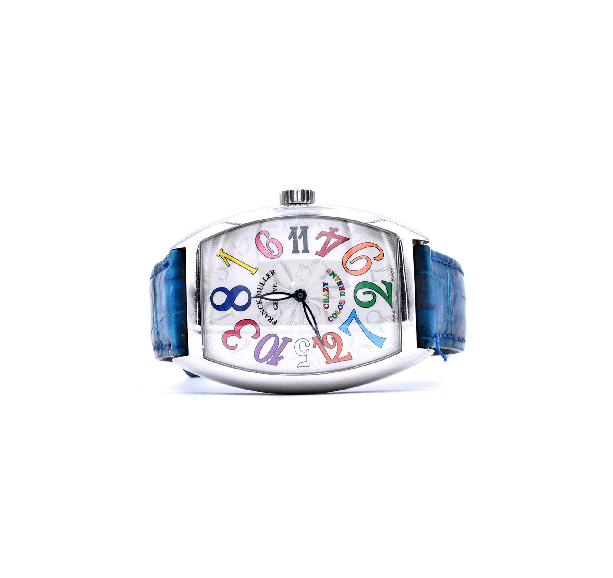 Movement: Automatic
Function: hours, minutes
Case: stainless steel 35mm X 41.5mm 
Band: teal blue crocodile strap with stainless steel buckle 
Dial: silver guilloche Arabic numeral dial
Serial #: No XXX
Reference #: 7851 CH COL DRM ACE


Comes with