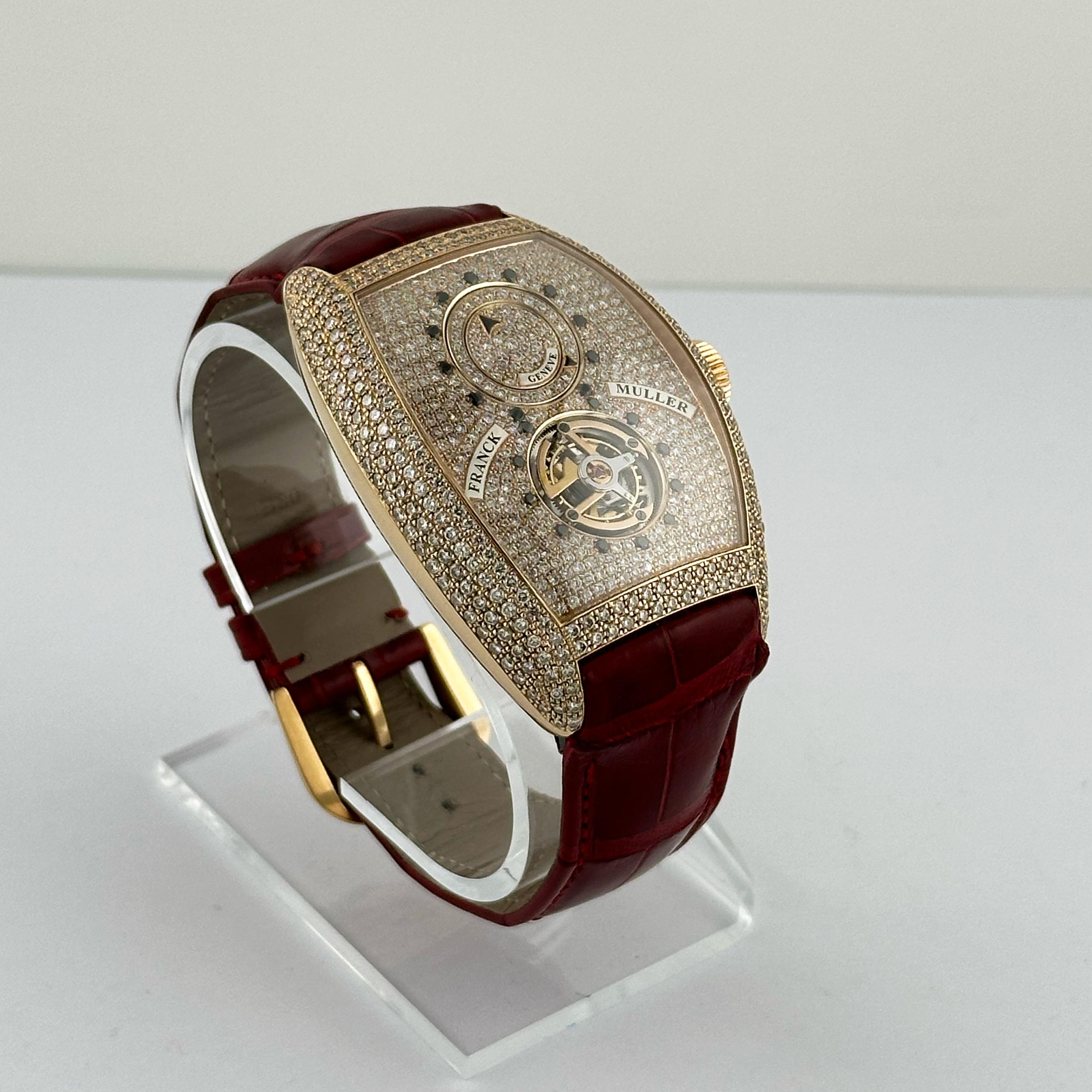 Marke: Franck Muller 

Modell: Tourbillon Double Mystery Full Factory Diamanten Rose Gold

Referenznummer: 8880 T DM D CD

Uhrwerk: Handaufzug

MATERIAL des Gehäuses: Rose Gold

Gehäuse-Durchmesser: 39 mm x 55 mm

MATERIAL des Armbands: Krokodil