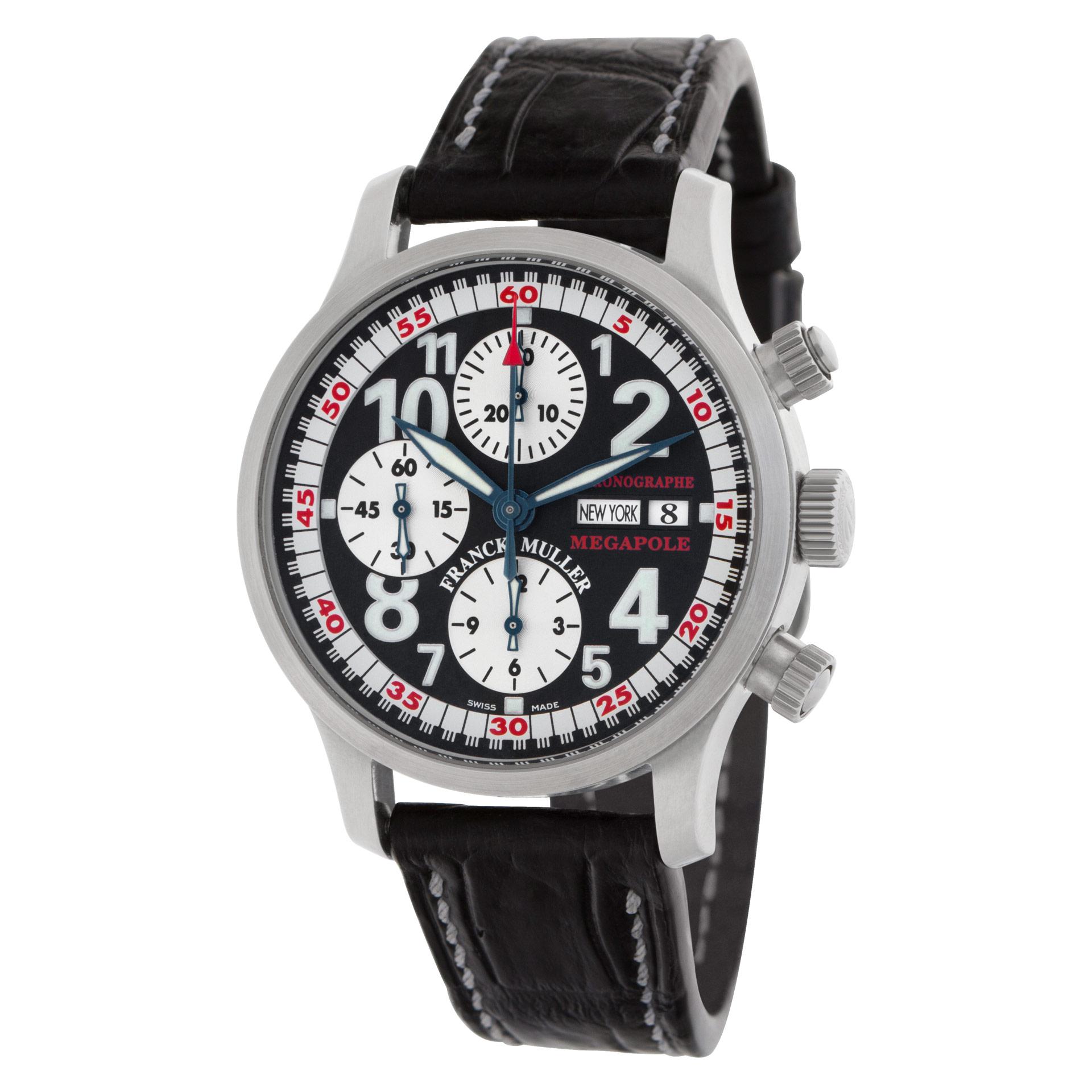 Franck Muller Transamerica Megapole in stainless steel on leather strap. Auto w/ subseconds, date, chronograph and world time. 40 mm case size. Circa 2010s. Fine Pre-owned Franck Muller Watch.  Certified preowned Sport Franck Muller Transamerica