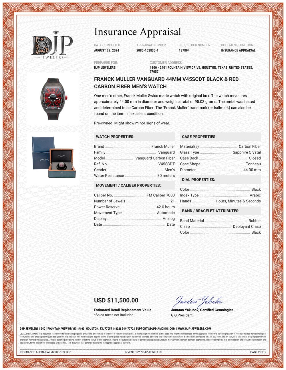 Franck Muller Vanguard 44MM V45SCDT Black & Red Carbon Fiber Men’s Watch For Sale 4