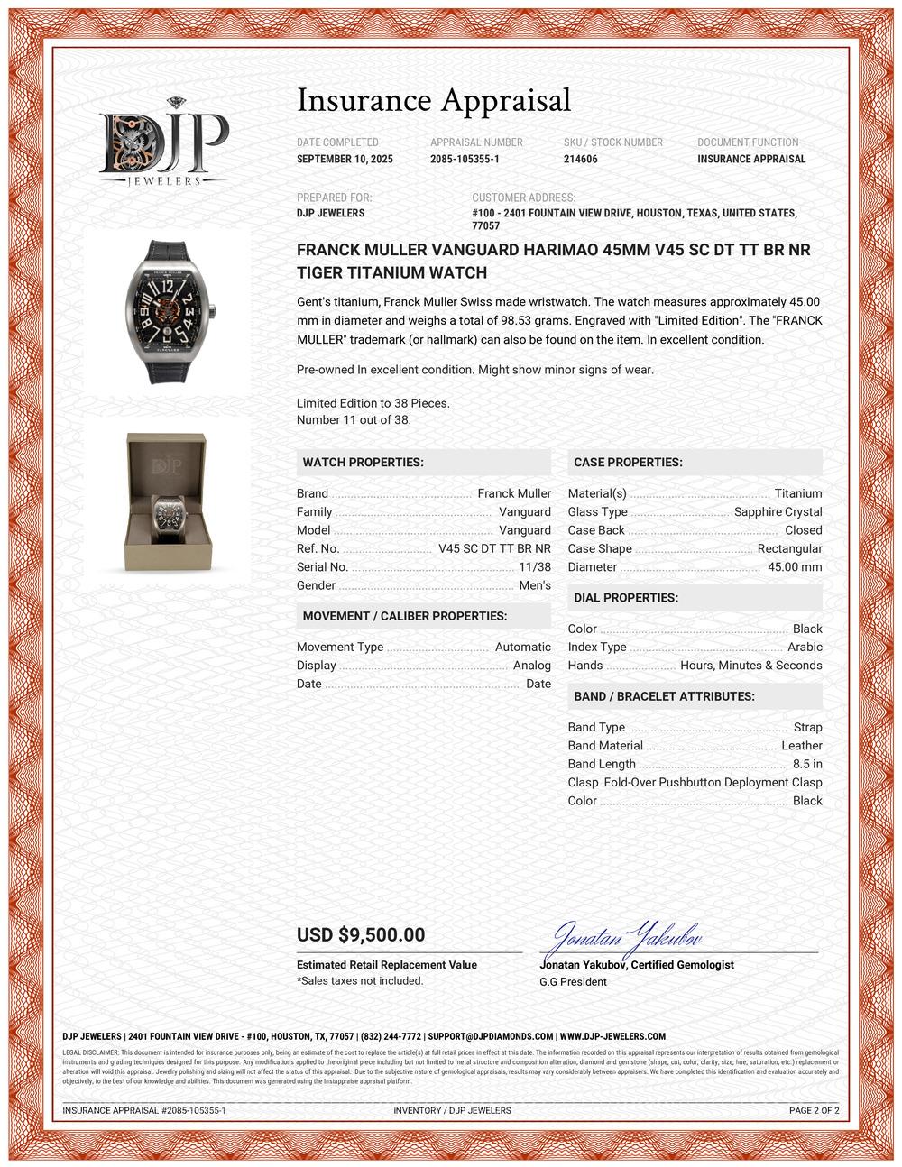 Franck Muller Vanguard Harimao 45MM V45 SC Dt TT BR NR Tiger Orologio in titanio in vendita 8