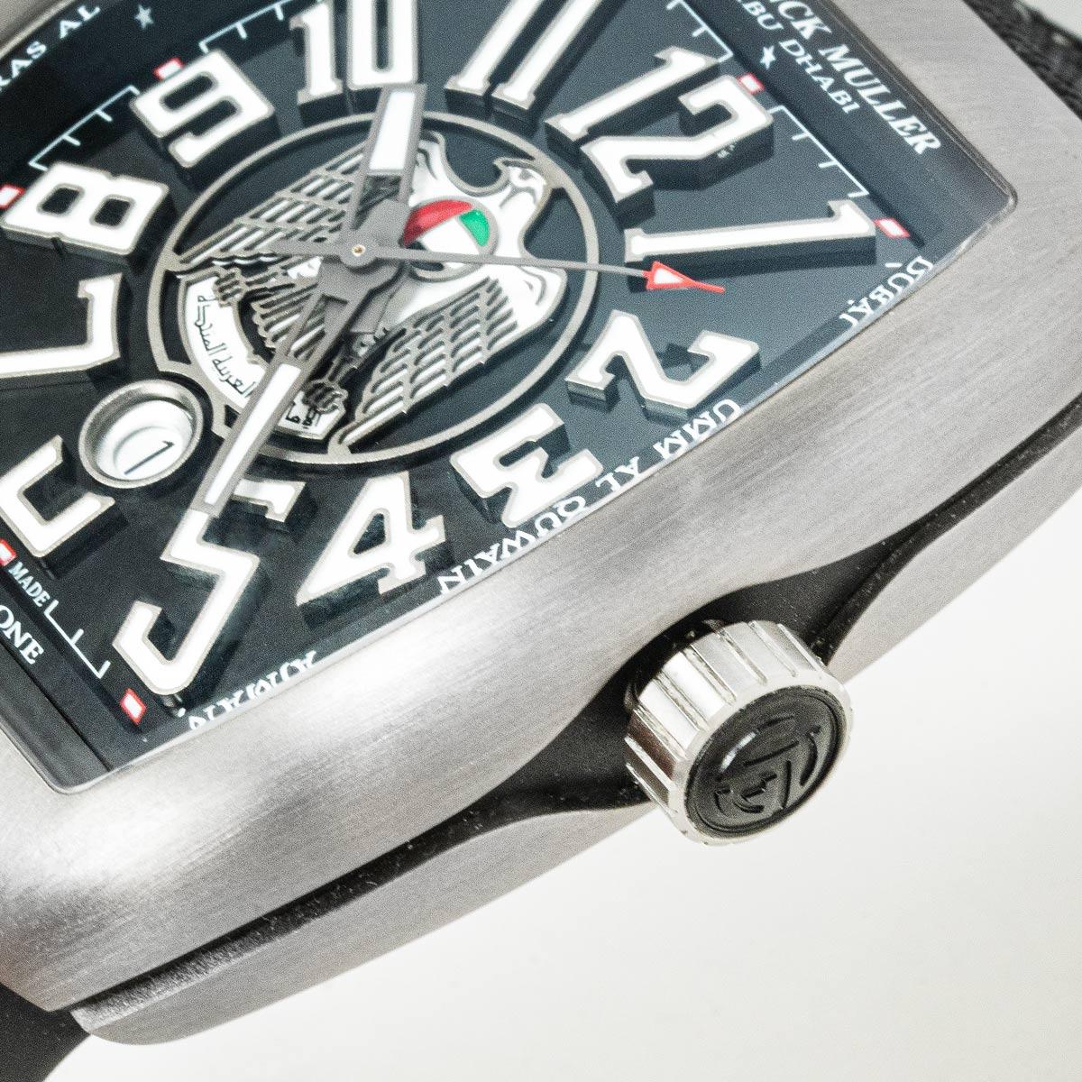 A limited edition titanium Vanguard by Franck Muller. Featuring a black dial with Arabic numbers and a date display at 6 o'clock. The dial also features the flag of the UAE and a falcon which is the emblem of the United Arab Emirates; this is also