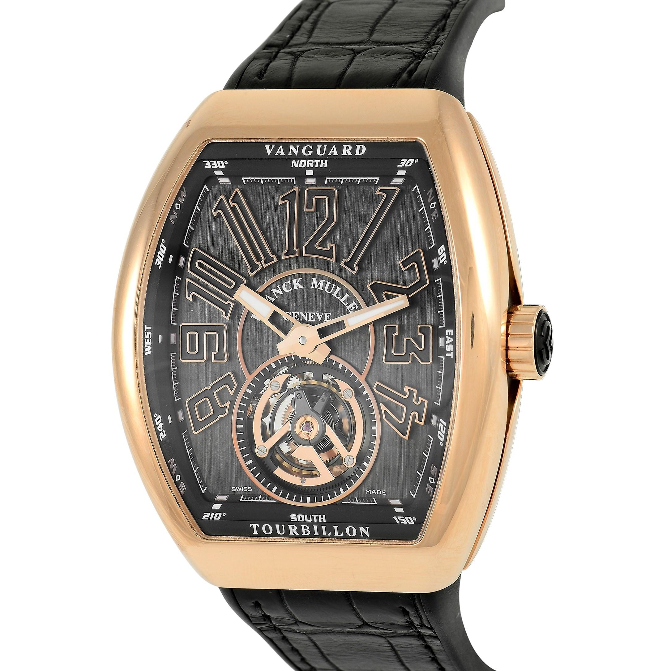 The Franck Mueller Vanguard Watch, reference number V 45 T 5N NR, is a bold accessory that will add visual impact to any ensemble it’s paired with.

This bold watch case and bezel are crafted from 18K Rose Gold, which is perfectly juxtaposed with