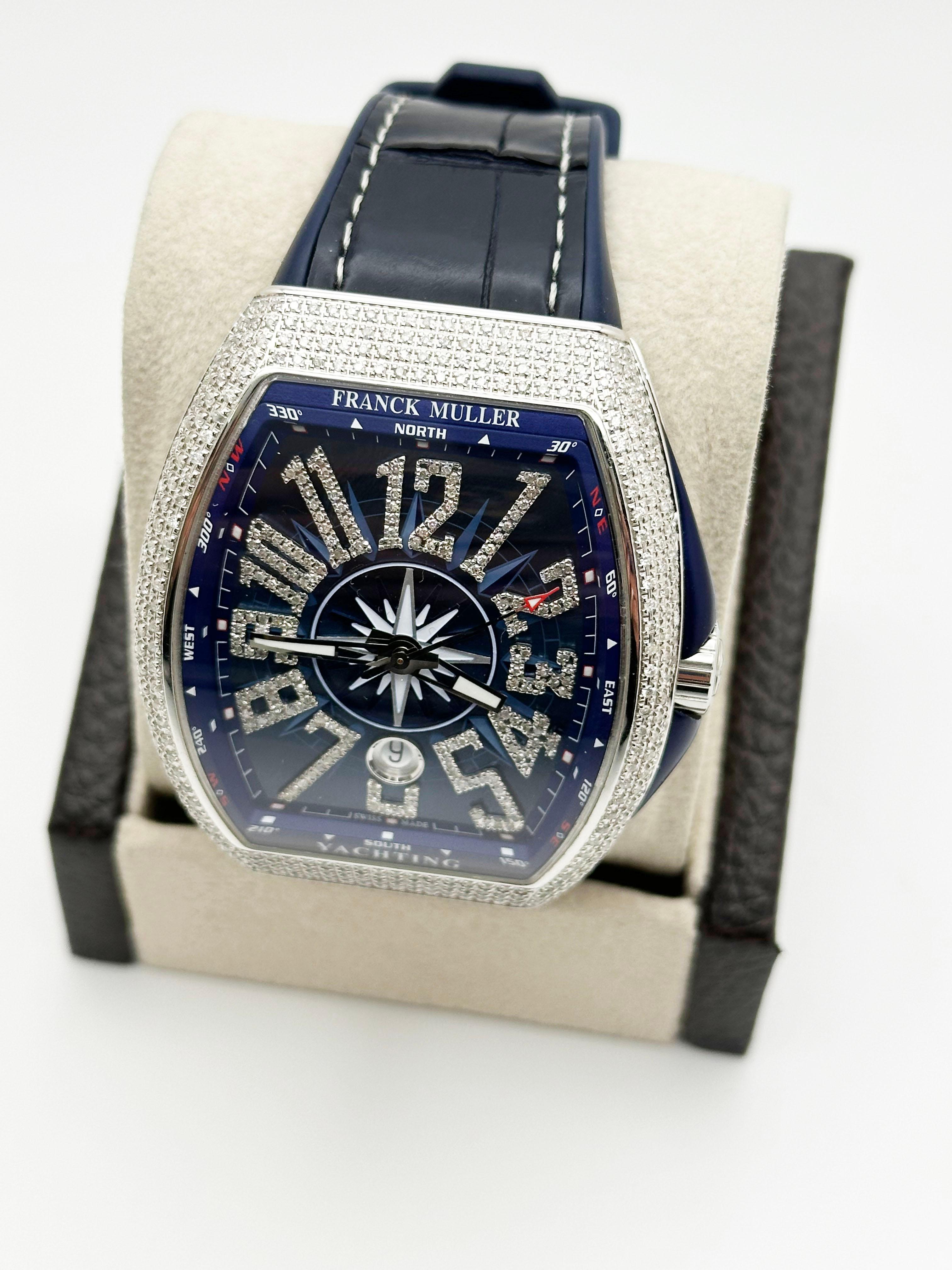 Franck Muller Vanguard V45SCDT Diamond Encrusted Stainless Steel Box Paper In Excellent Condition For Sale In San Diego, CA