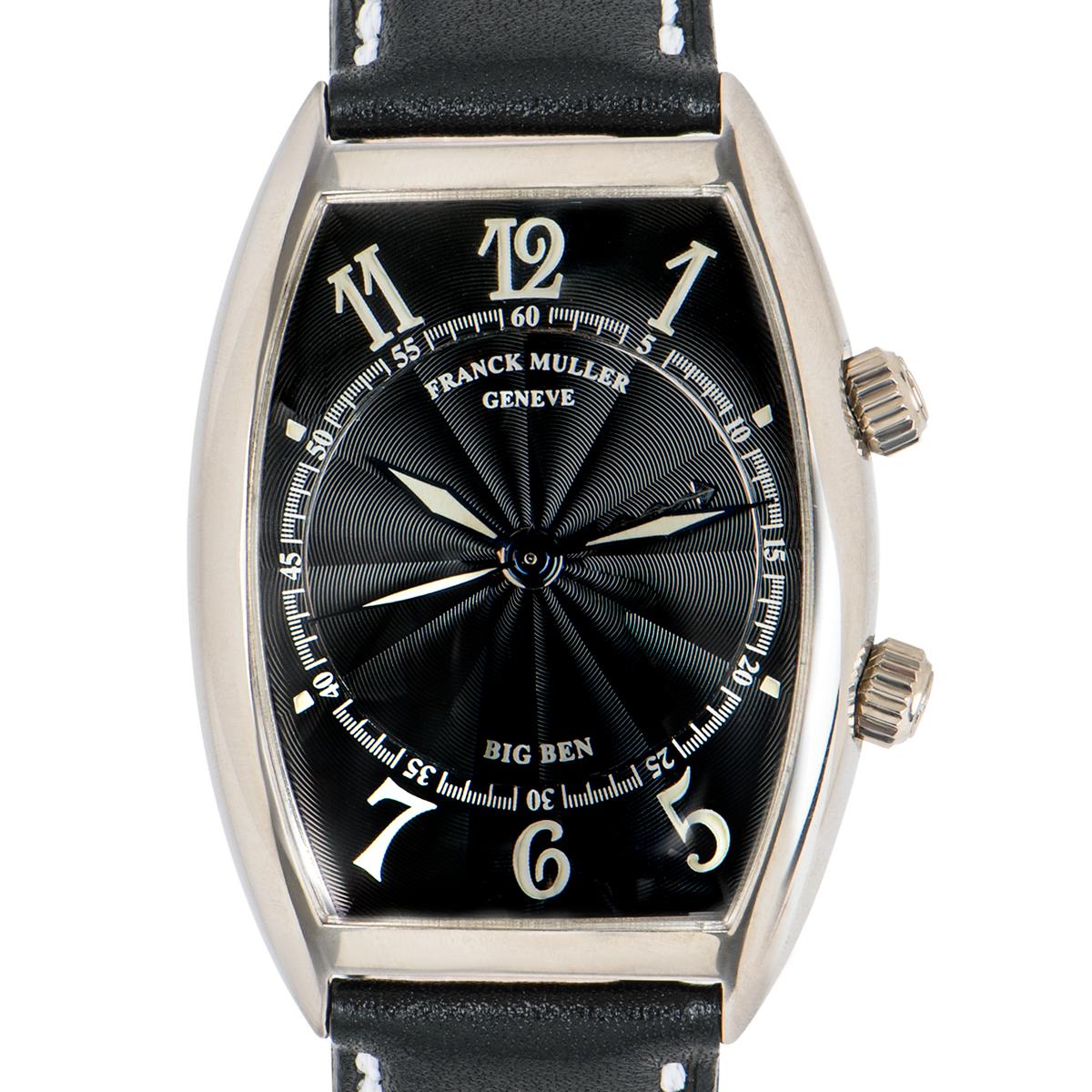 A Big Ben alarm men's wristwatch, by Franck Muller.

The black guilloche dial with arabic numbers is encased behind a sapphire crystal, in an 18k white gold tonneau-shaped case. There is an additional crown, on the side of the case at 2 o'clock,