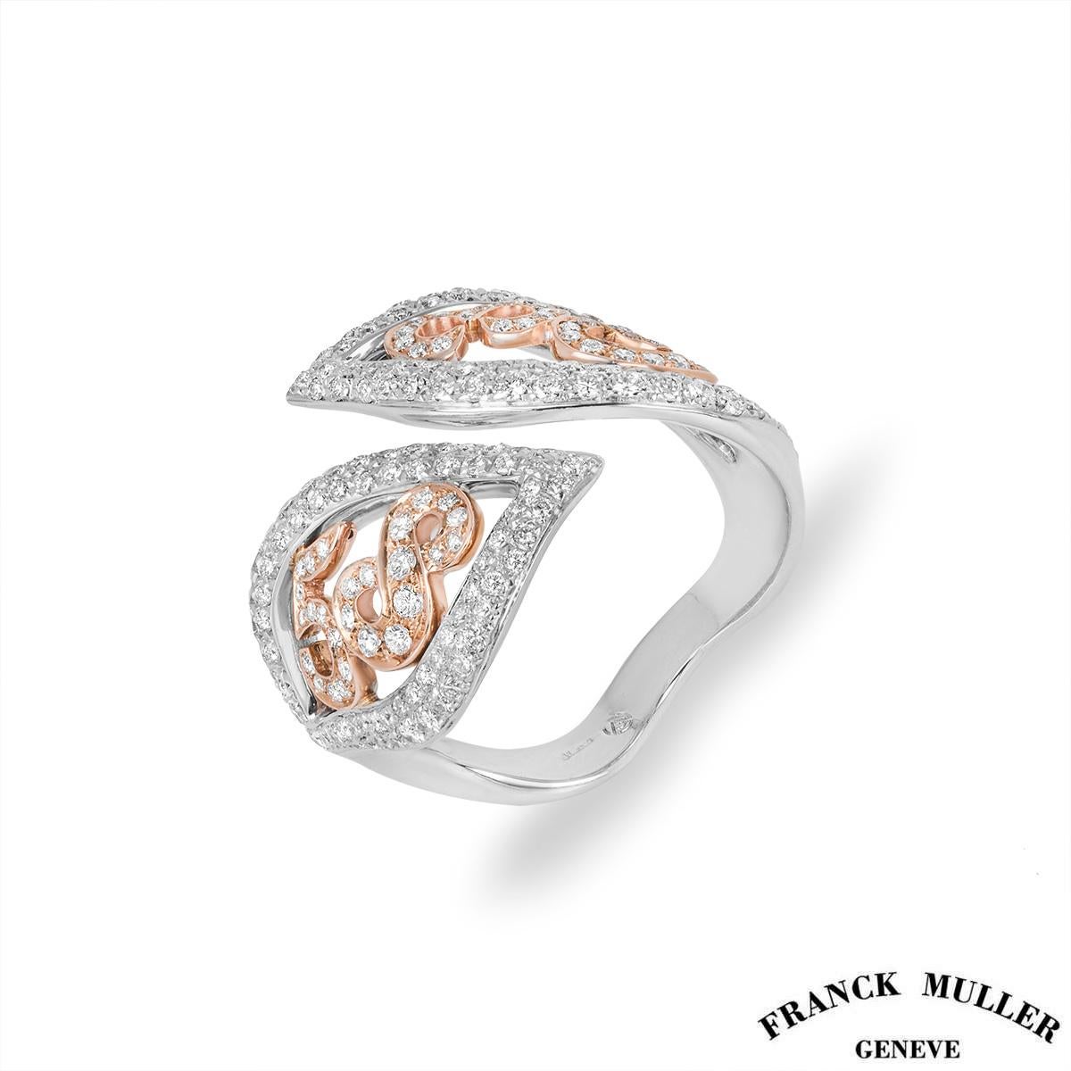 An elegant 18k white and rose gold diamond ring by Franck Muller from the Liberty collection. The ring features a diamond set open work bypass design set in white gold. Set in rose gold to the centre of the motifs are the numbers 5, 8, 3 and 6. The