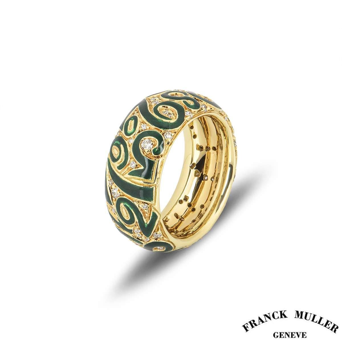 An 18k yellow gold dress ring from the Crazy Hours collection by Franck Muller. The ring has enamel numbers in various sizes spread throughout the ring, set with round brilliant cut diamonds in-between. The diamonds have a total weight of