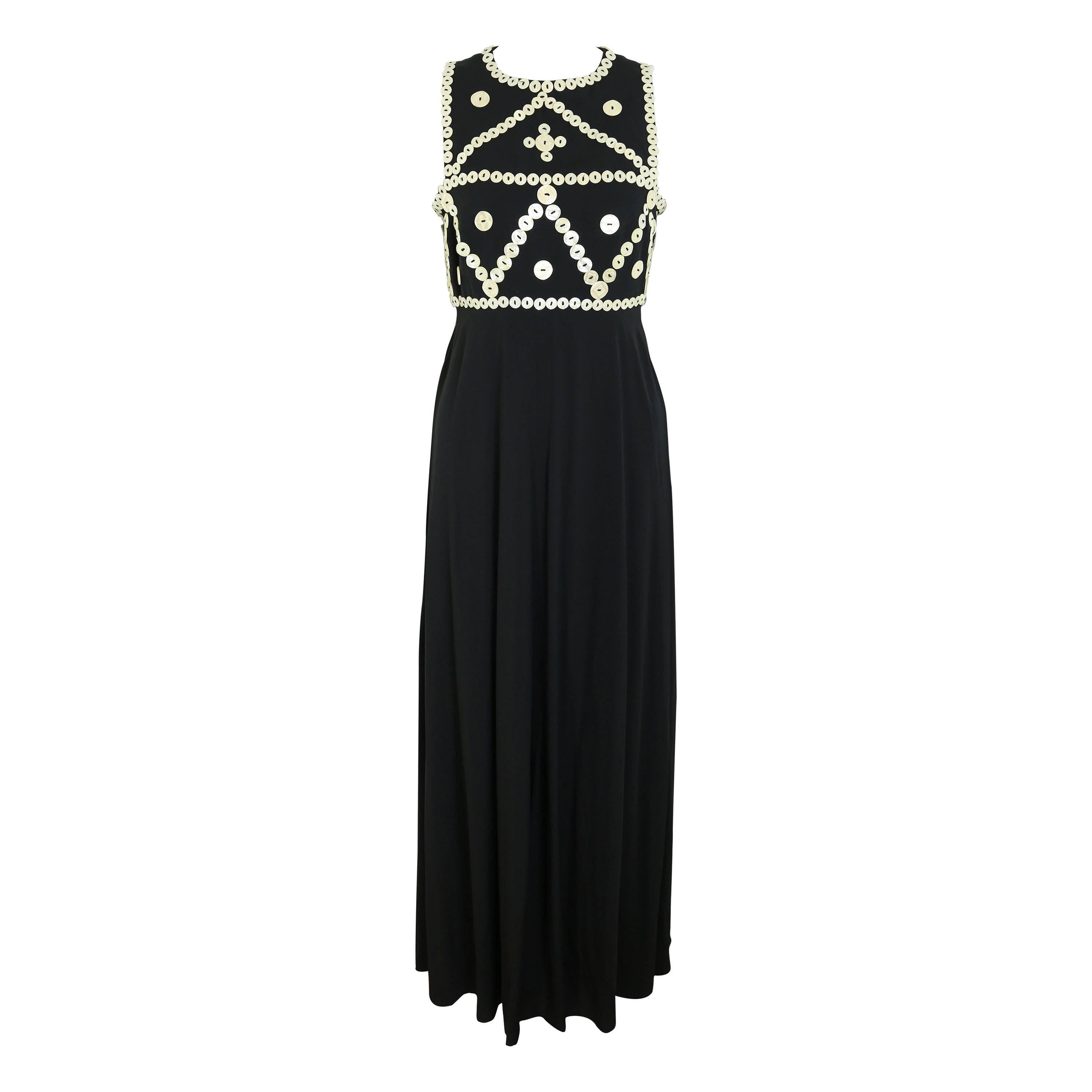 Franck Sorbier Haute Couture Black Embroidered Mother of Pearl Button Maxi Dress For Sale