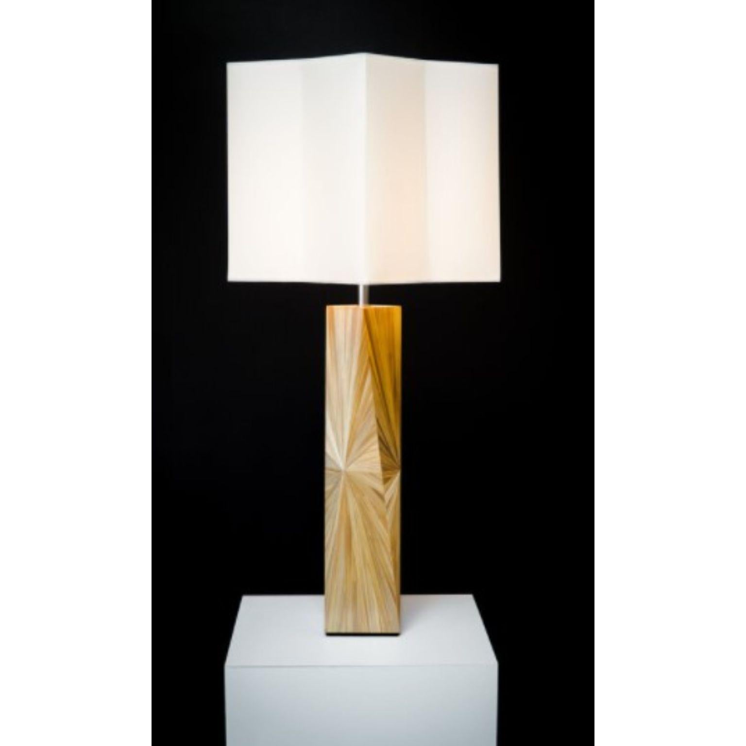 Franck yellow table lamp by Pierre-Axel Coulibeuf
Dimensions: W40 x D40 x H78 cm
Materials: straw marquetry, nickel
Edition of 20 + 4AP
The Franck lamp is available in a variety of colors.

All our lamps can be wired according to each country.
