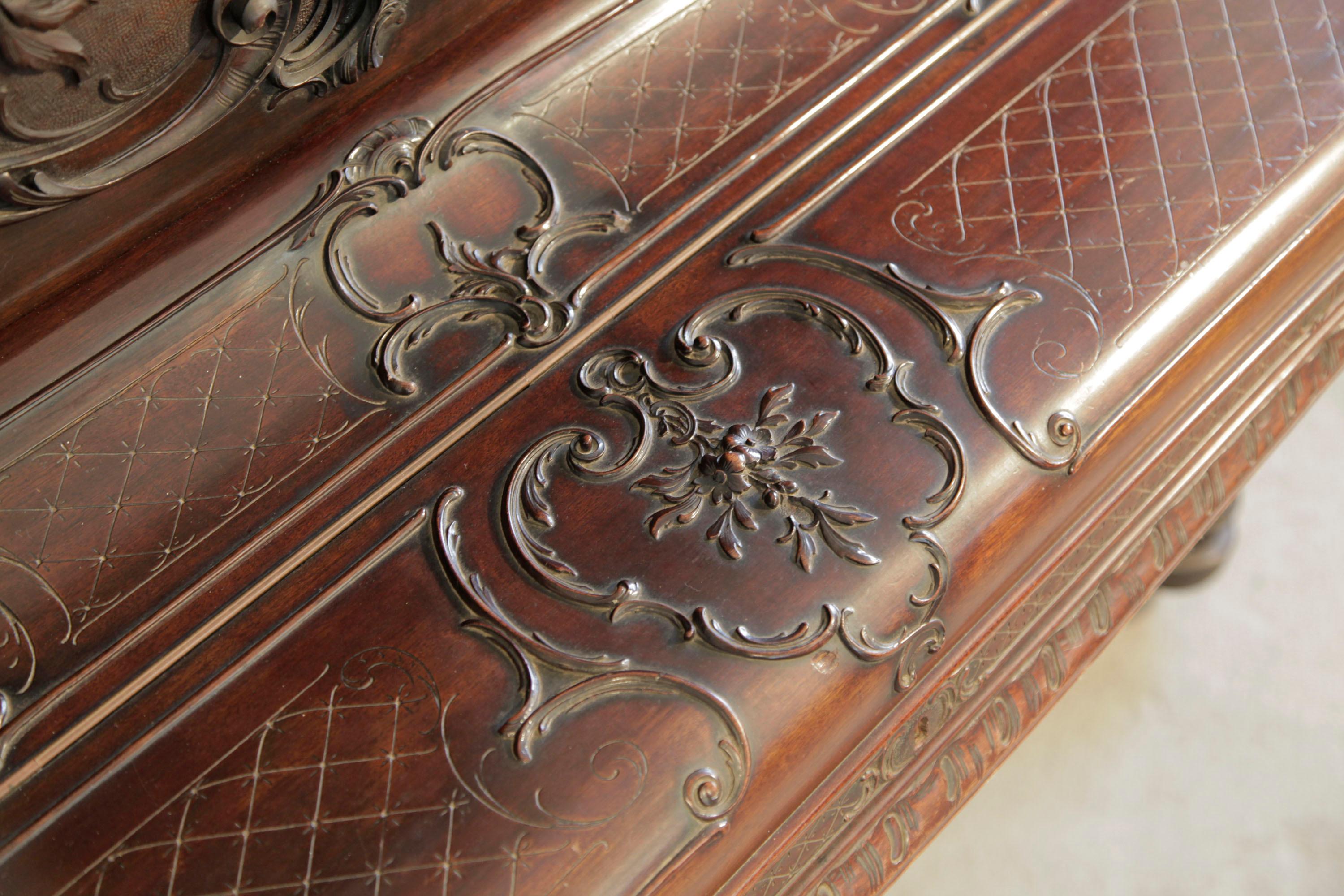 German Francke Upright Piano Rococo Style Carved Mahogany High Relief Scroll Legs For Sale