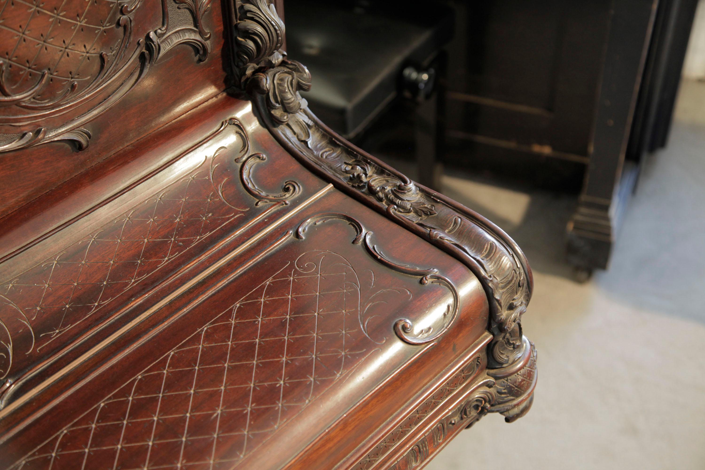 Francke Upright Piano Rococo Style Carved Mahogany High Relief Scroll Legs In Fair Condition For Sale In Leeds, GB