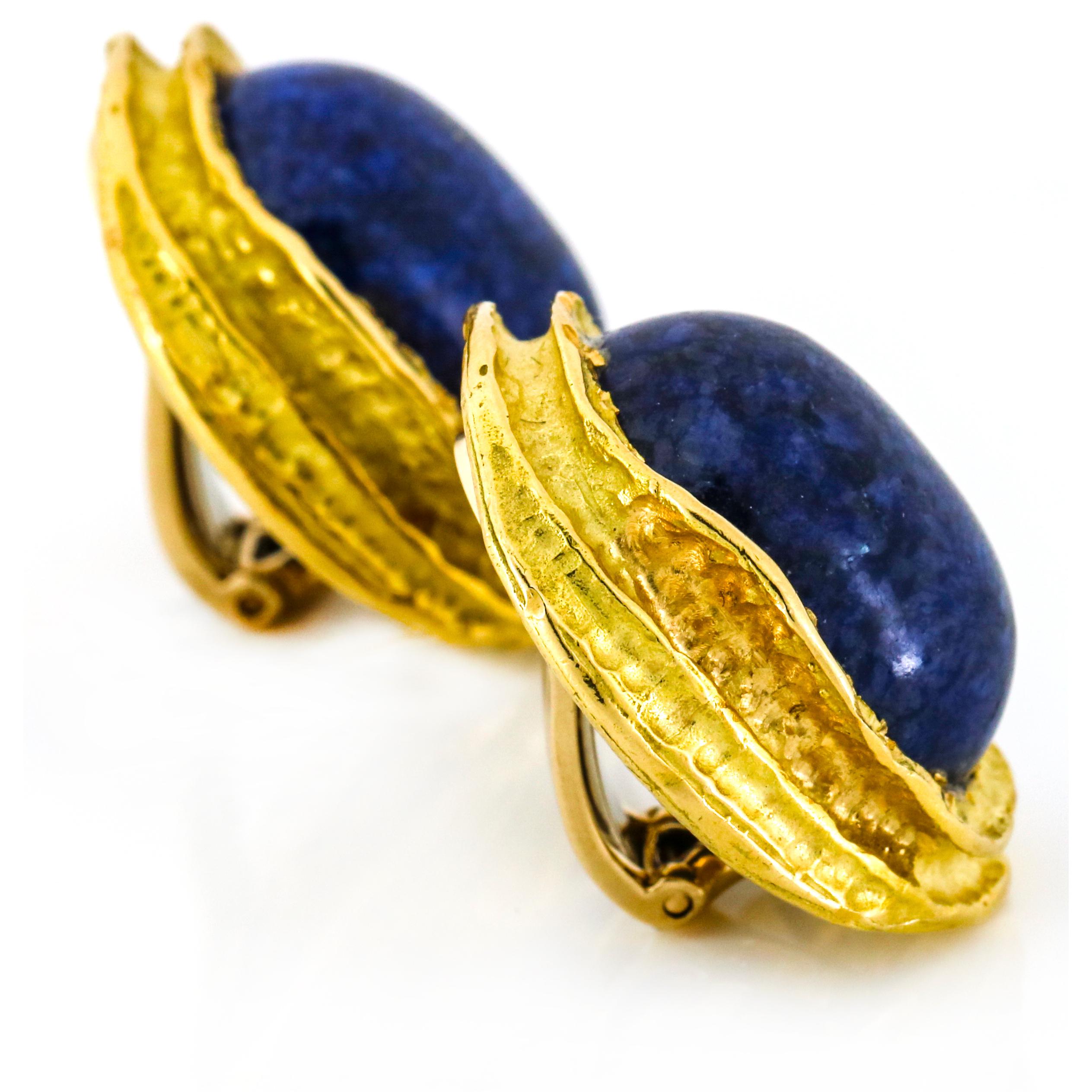 Franck's 18 Karat Yellow Gold Sodalite Clip-On Earrings For Sale 1