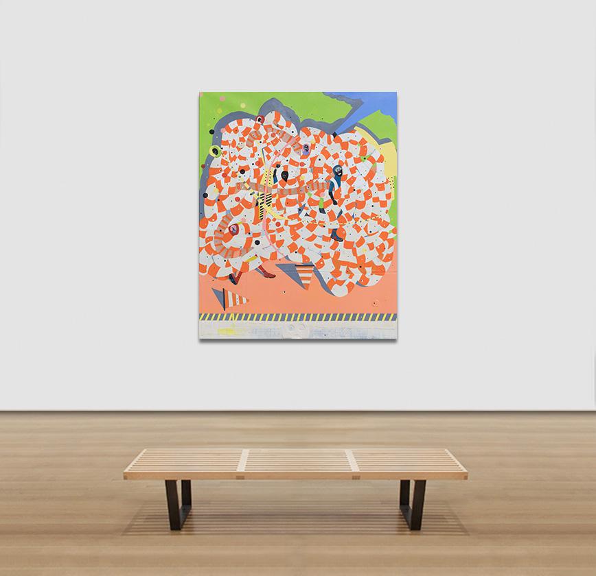 Mumbo Jumbo n°5 - Peinture figurative aux couleurs rouge, rose et verte en vente 3