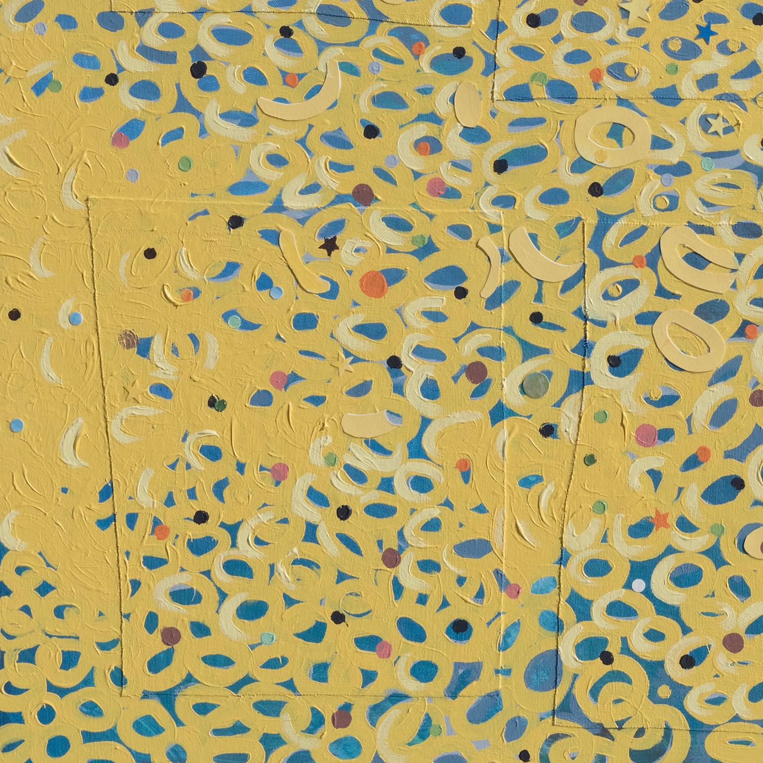 Spring Break Afternoon #2 ist ein 60 x 48 Zoll großes Werk aus Acryl und Collage auf Leinwand. Die Grundfarben sind Gelb und Blau, mit einem orangefarbenen Akzent. Das Bild ist verspielt, mit Hunderten von winzigen gelben Käufen, die auf dem blauen