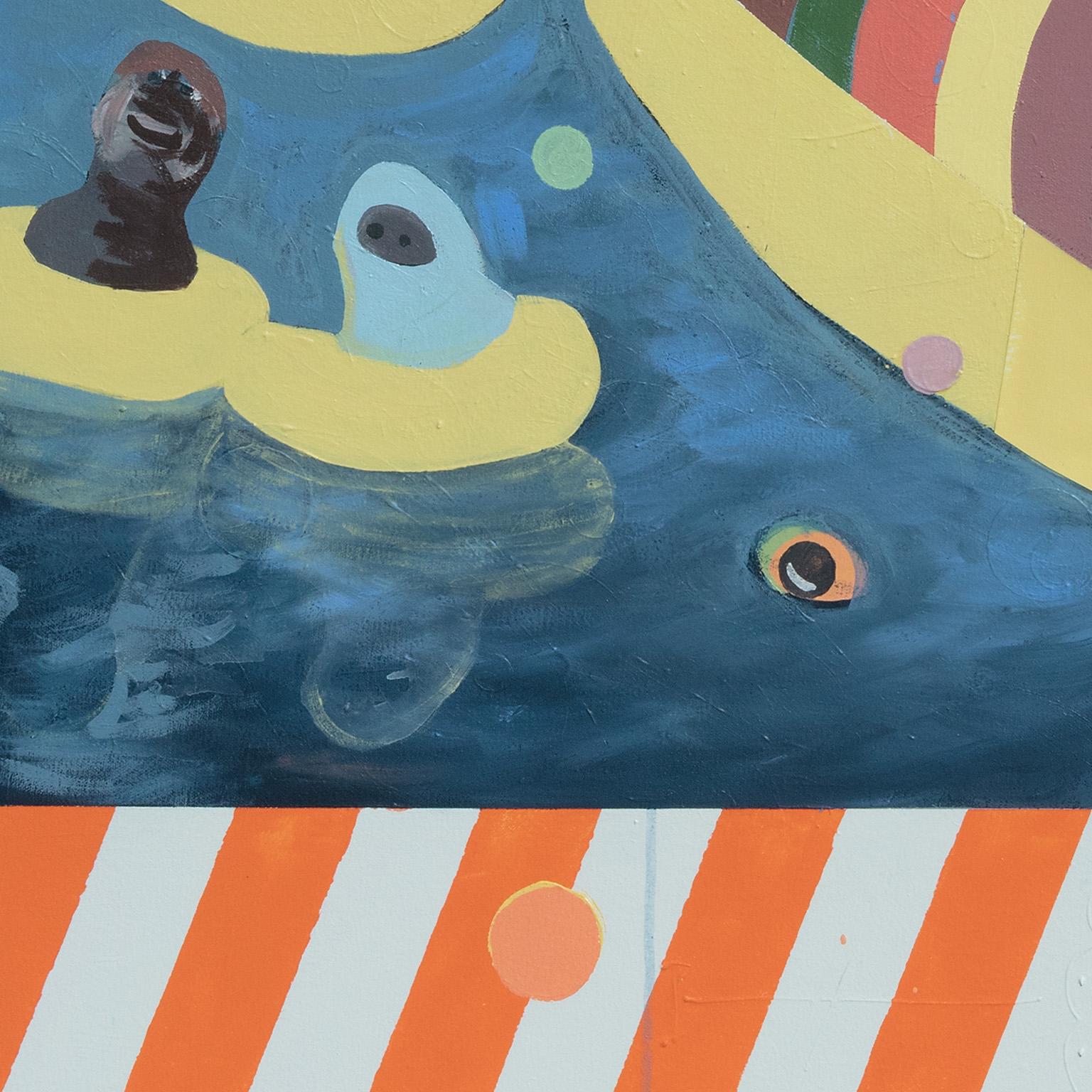 Este vibrante cuadro, con figuras sin rostro en balsas amarillas que flotan sobre tranquilas aguas azules, recoge la reflexión del artista sobre su experiencia en las Vacaciones de Primavera, un momento crucial de sus años universitarios en el que