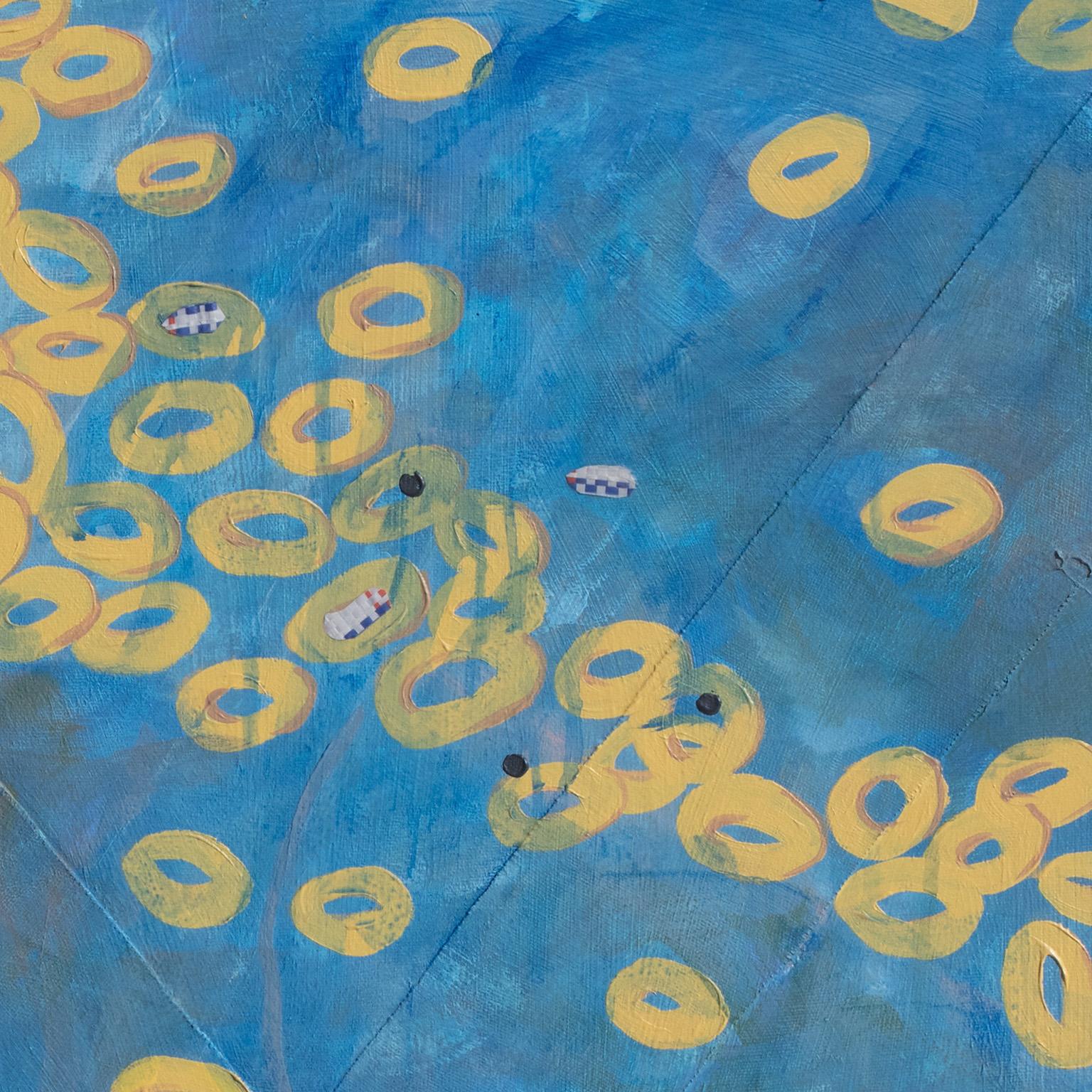 Spring Break Afternoon #3 is a 34 x 46-inch acrylic and collage work on canvas. The primary colors are yellow and blue. The image is playful, with hundreds of yellow buys floating on a blue background, pushed by the current and the wind into