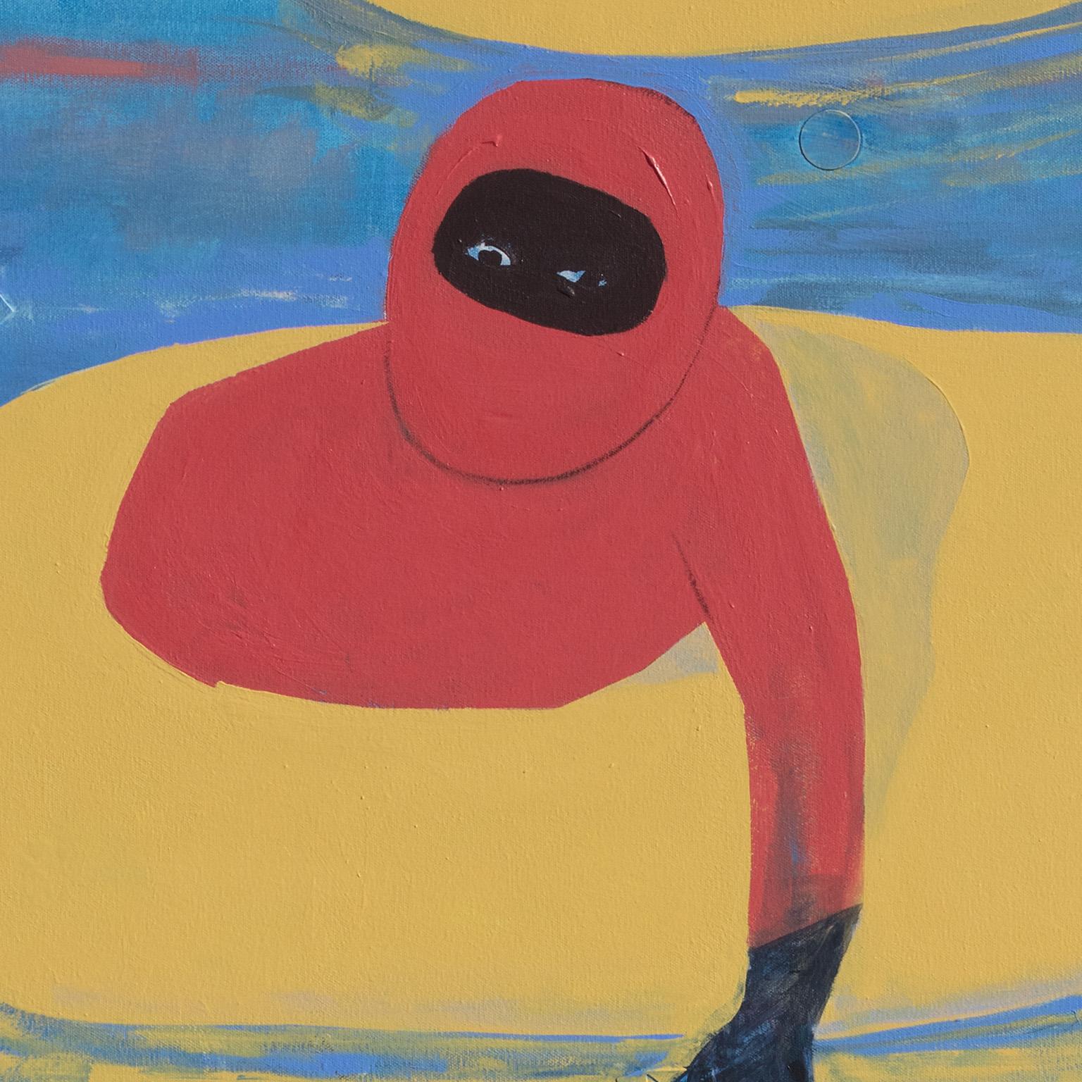 Mañana de vacaciones de primavera nº 2 - Pintura figurativa alegórica, rojo, amarillo y azul - Mixed Media Art Contemporáneo de Francks Deceus