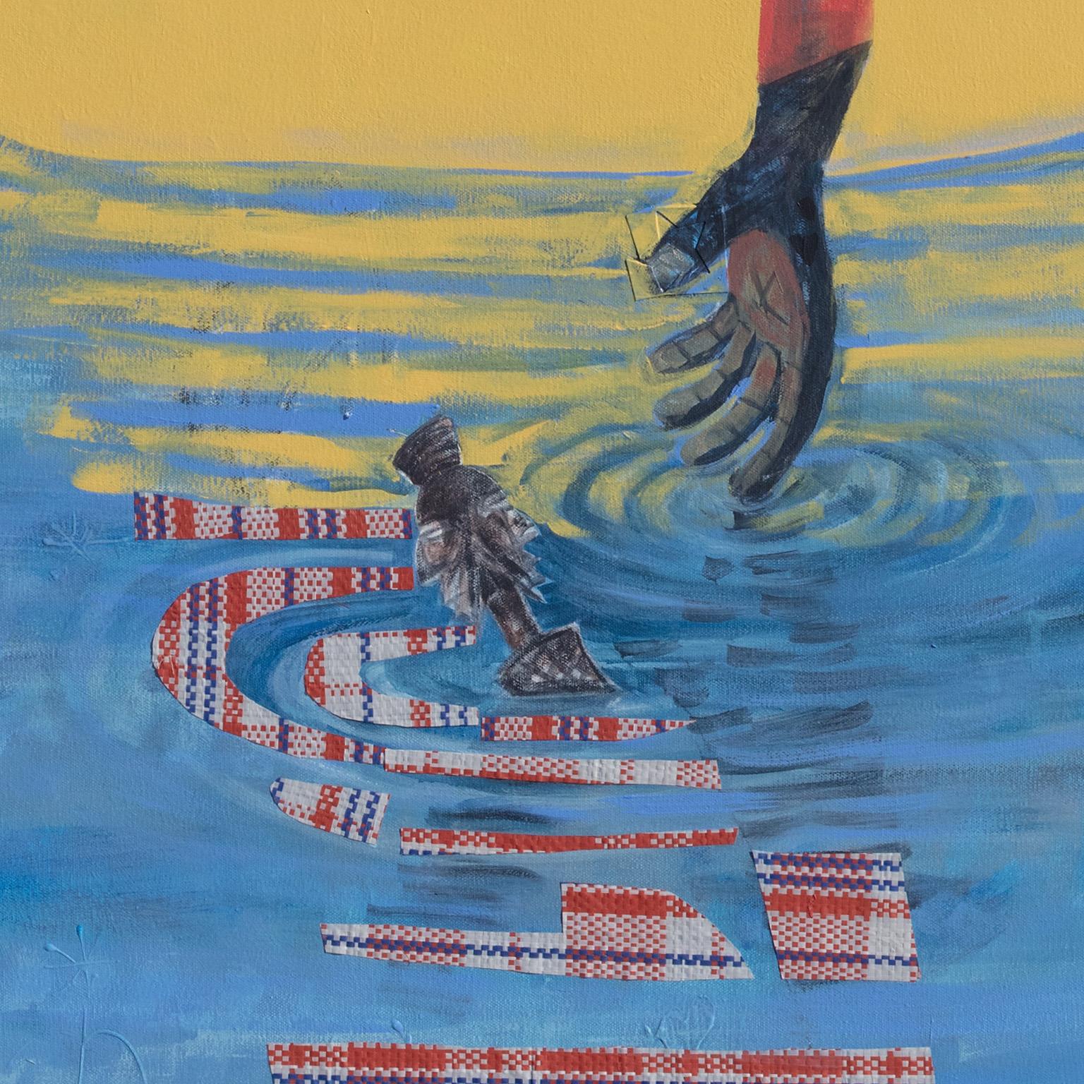 Spring Break Morning #2 de Francks Deceus est une œuvre de 60 x 48 pouces réalisée à l'acrylique et au collage sur toile. Les couleurs principales sont le rouge, le jaune et le bleu. L'image est très ludique, avec un personnage en costume rouge