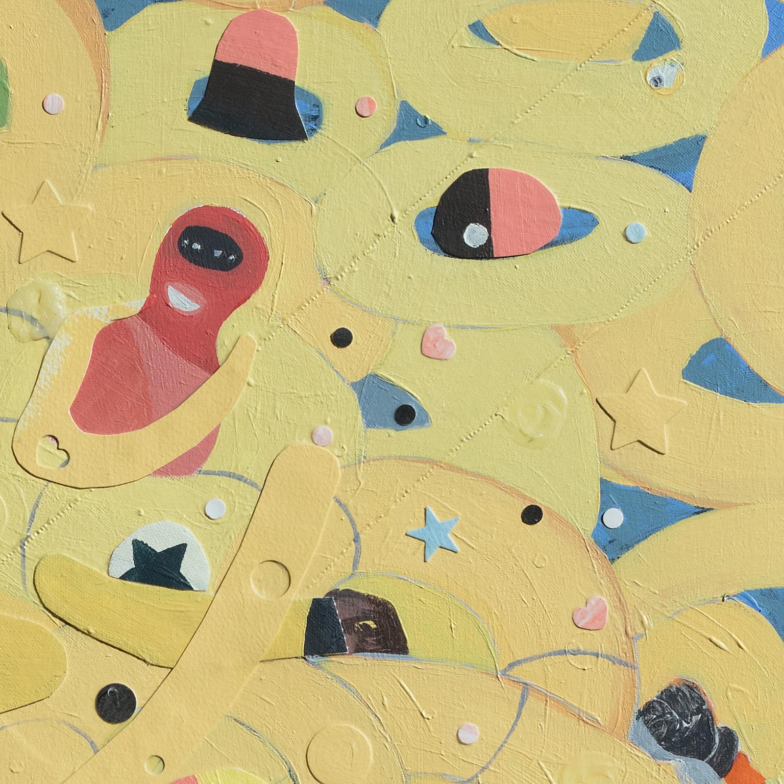 Francks Deceus' Spring Break Weekend #1 ist ein 30 x 24 Zoll großes Werk aus Acryl und Collage auf Leinwand. Die Hauptfarben sind Gelb und Blau. Das Bild ist sehr verspielt, mit vielen Figuren in bunten Anzügen, die in gelben Eimern schweben. Das