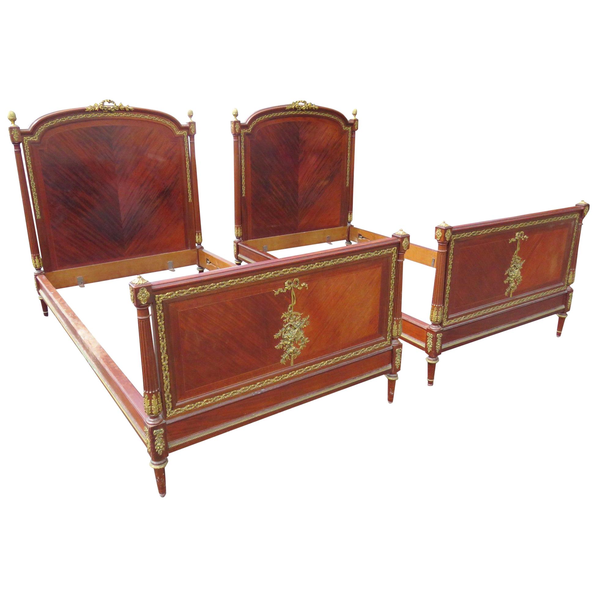 Franclois Linke Marquetry Inlaid Mahogany Bronze Mounted Twin Single Beds