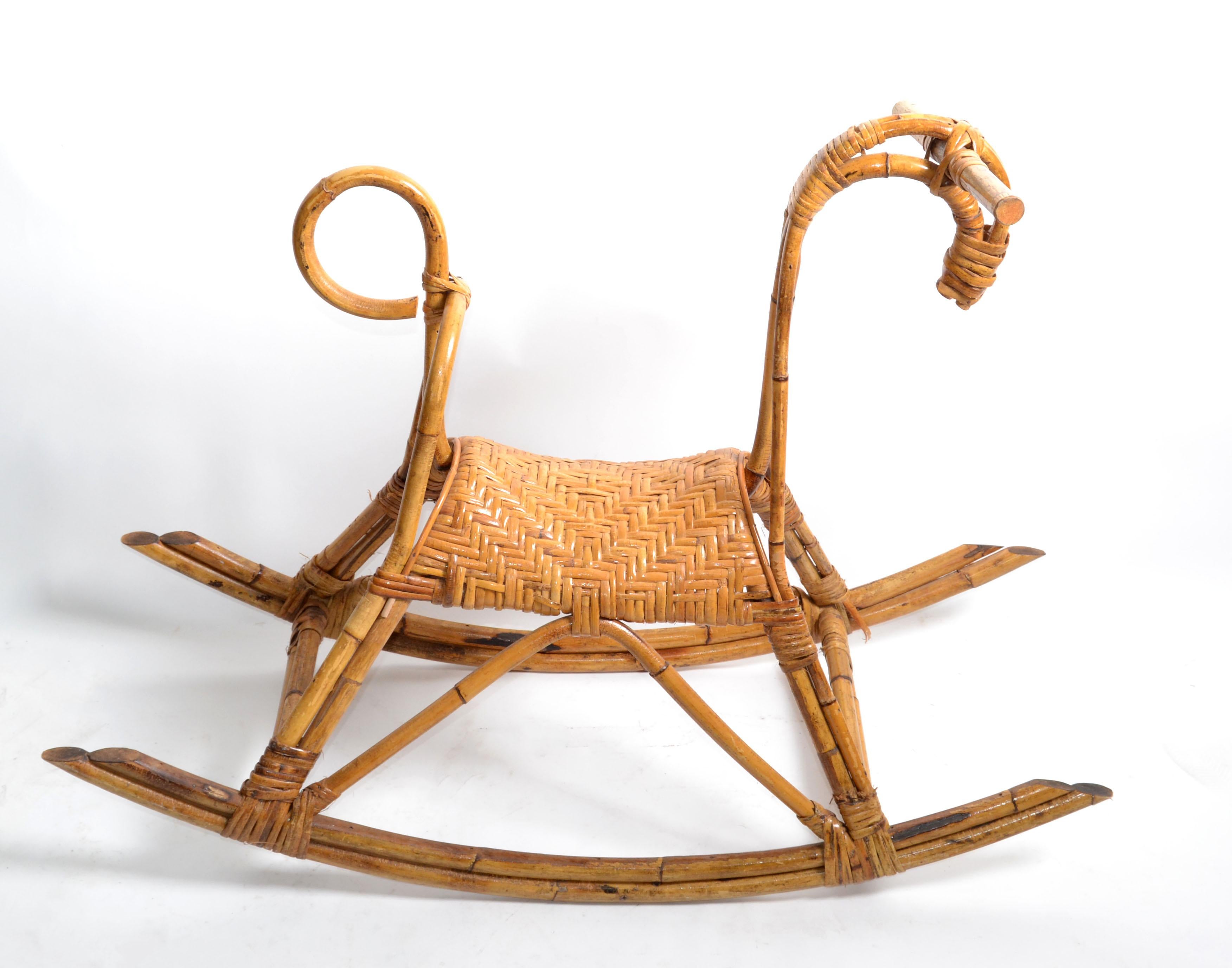 Franco Albini 1960 Rattan Cane & Bamboo Rocking Horse, Animal Sculpture Italy   For Sale 2