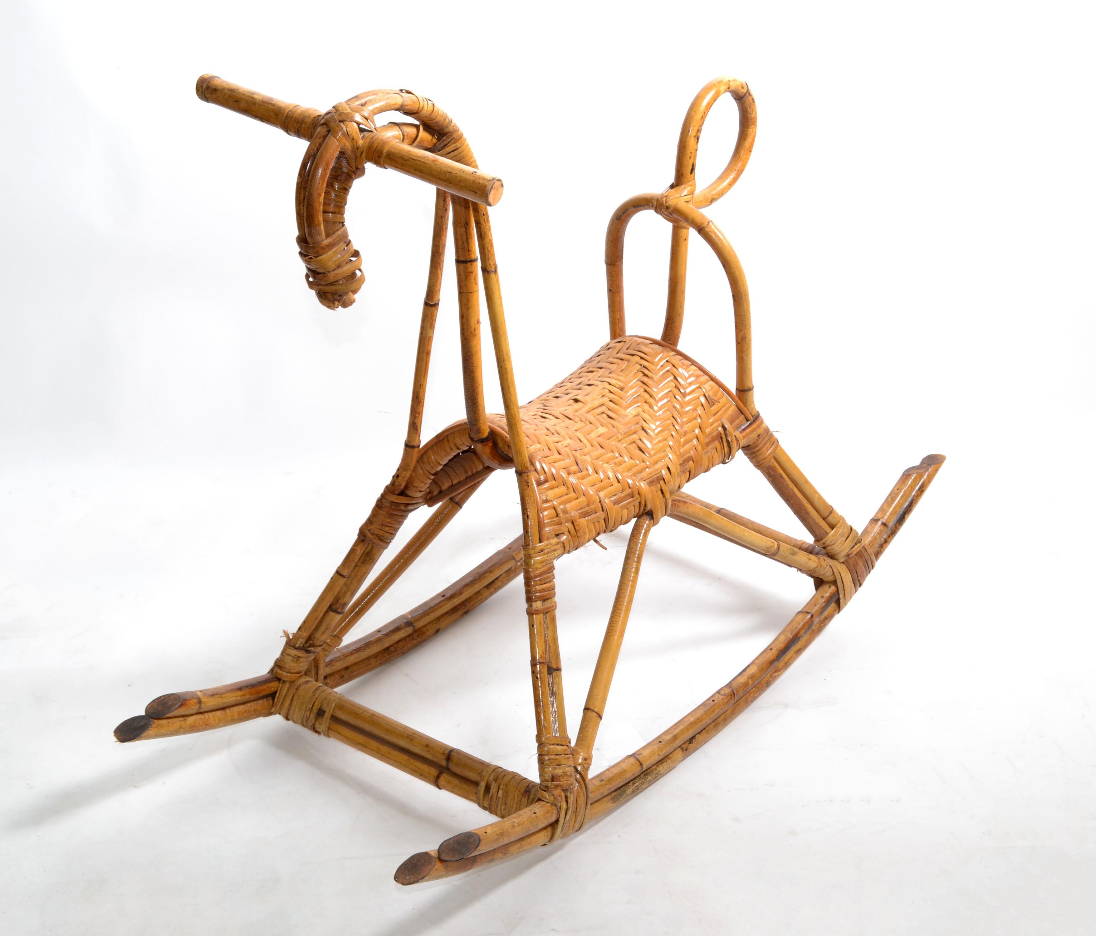 Franco Albini 1960 Rattan Cane & Bamboo Rocking Horse, Animal Sculpture Italy   For Sale 5