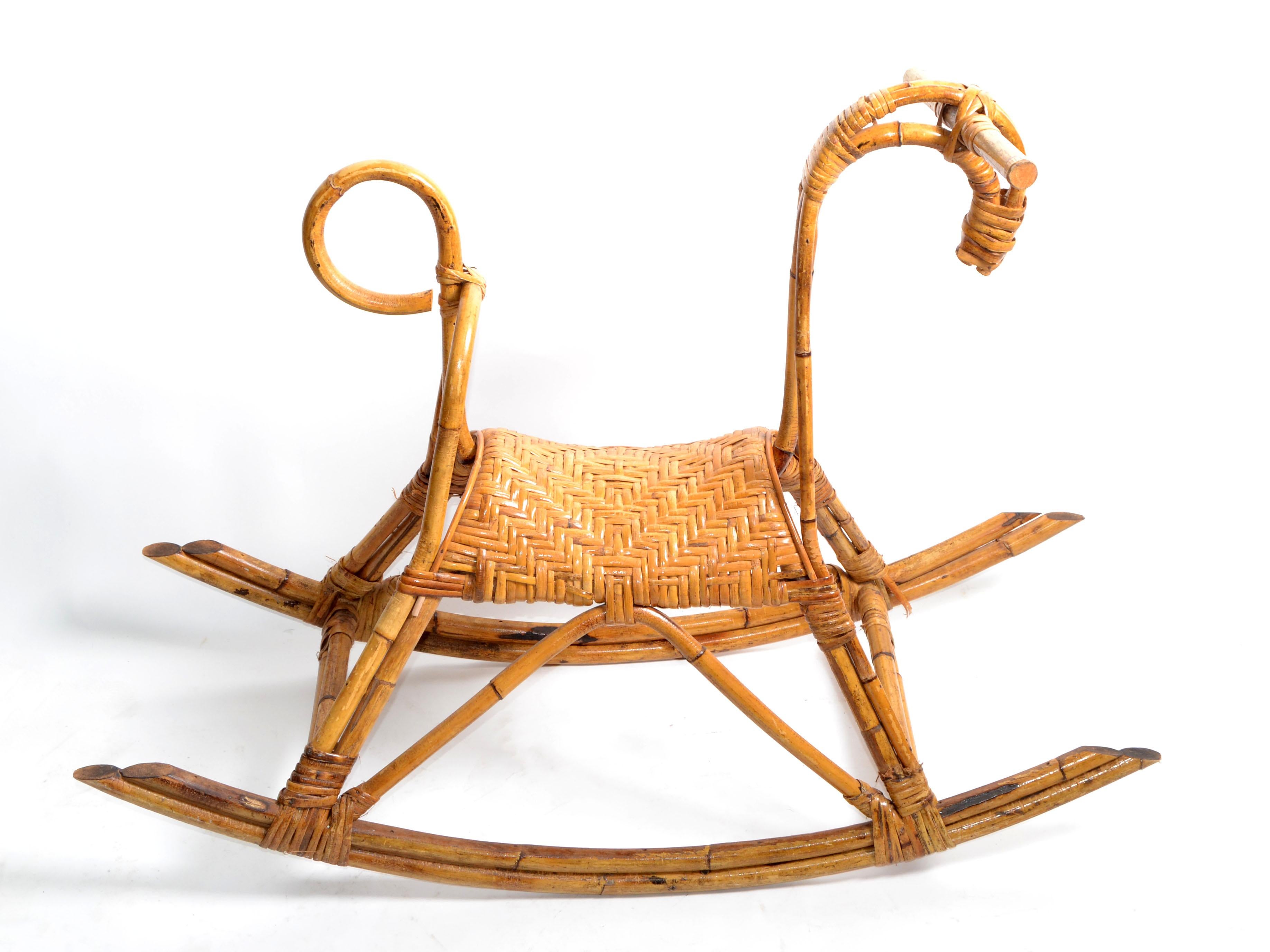 Mid-Century Modern Franco Albini 1960 Rattan Cane & Bamboo Rocking Horse, Animal Sculpture Italy   For Sale