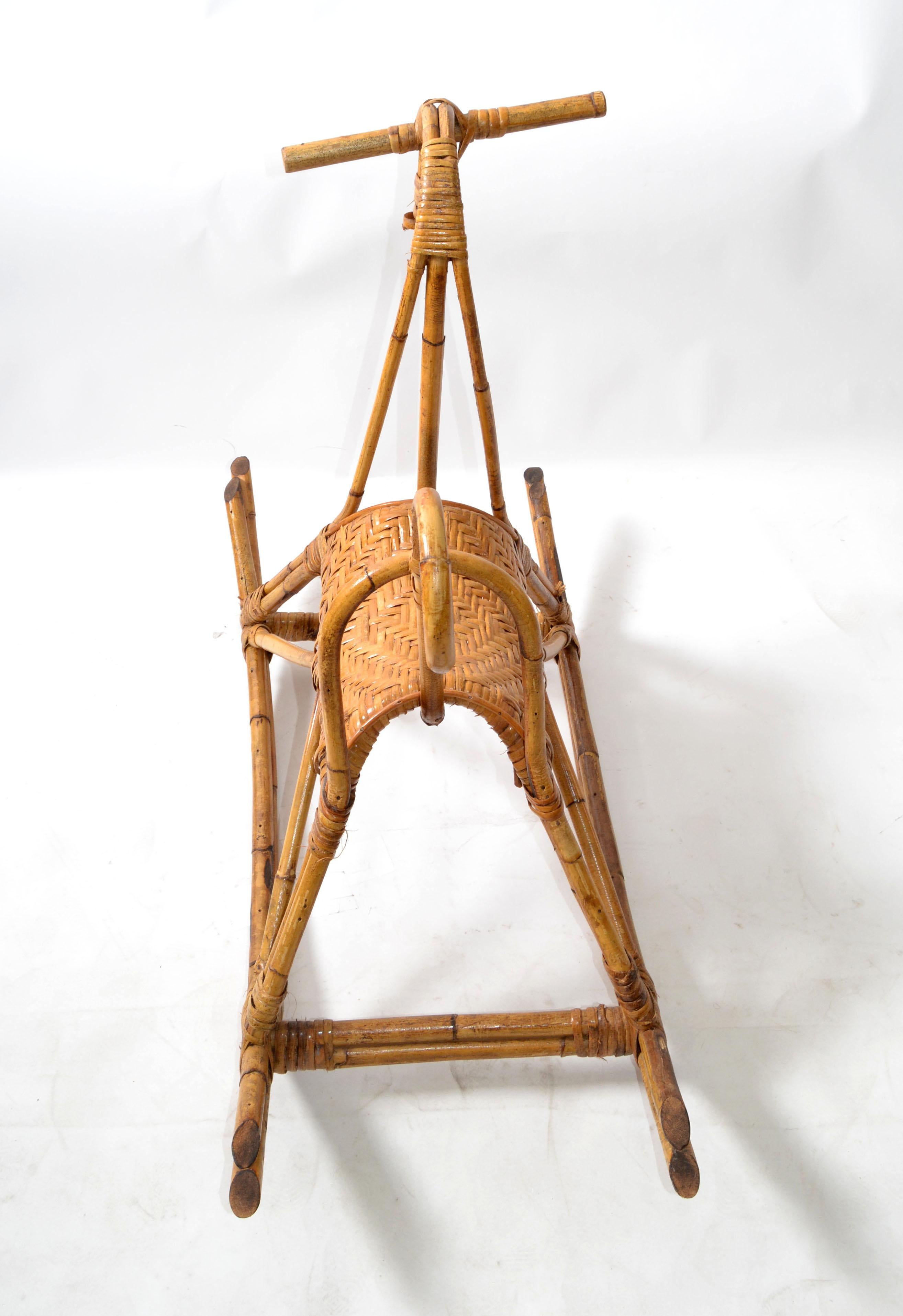 Italian Franco Albini 1960 Rattan Cane & Bamboo Rocking Horse, Animal Sculpture Italy   For Sale