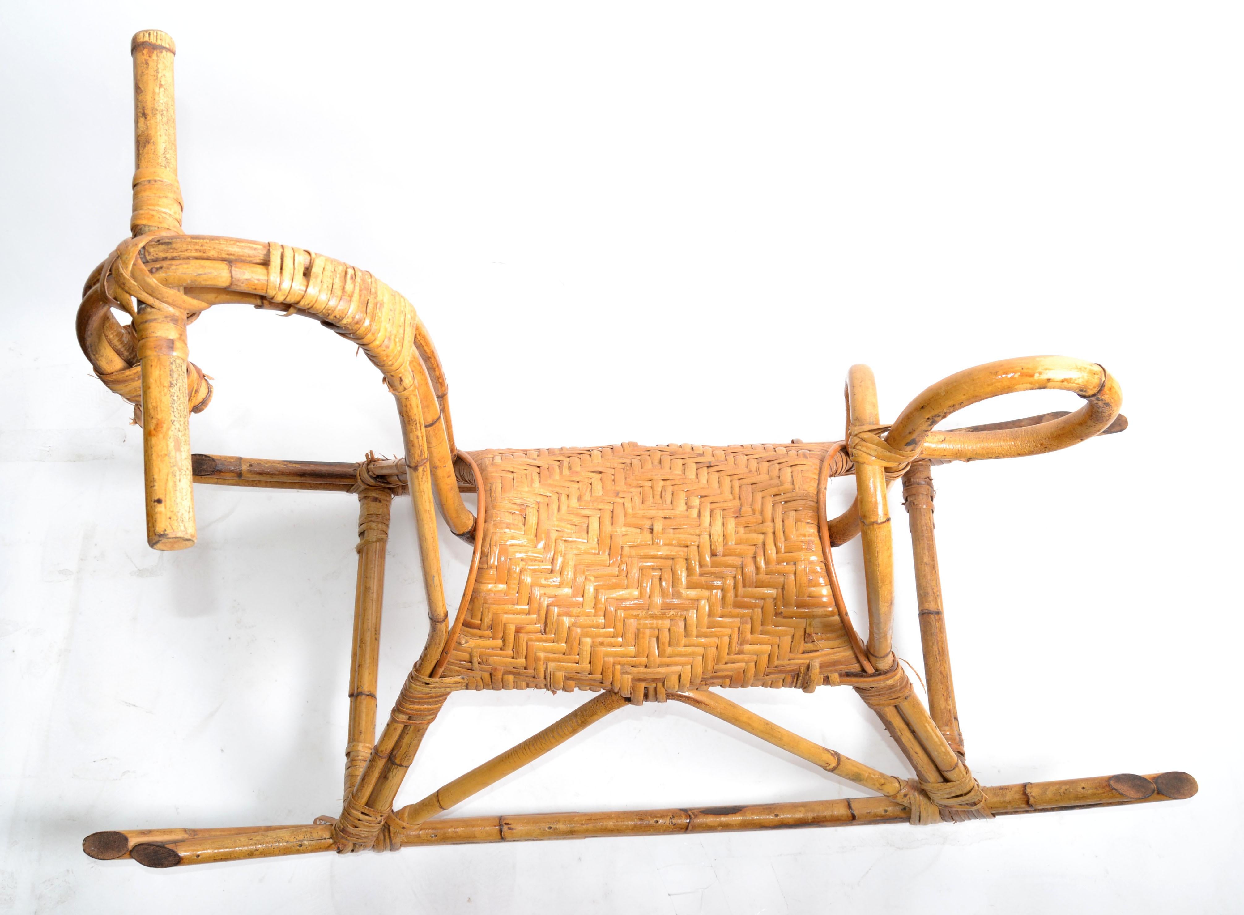 Hand-Woven Franco Albini 1960 Rattan Cane & Bamboo Rocking Horse, Animal Sculpture Italy   For Sale