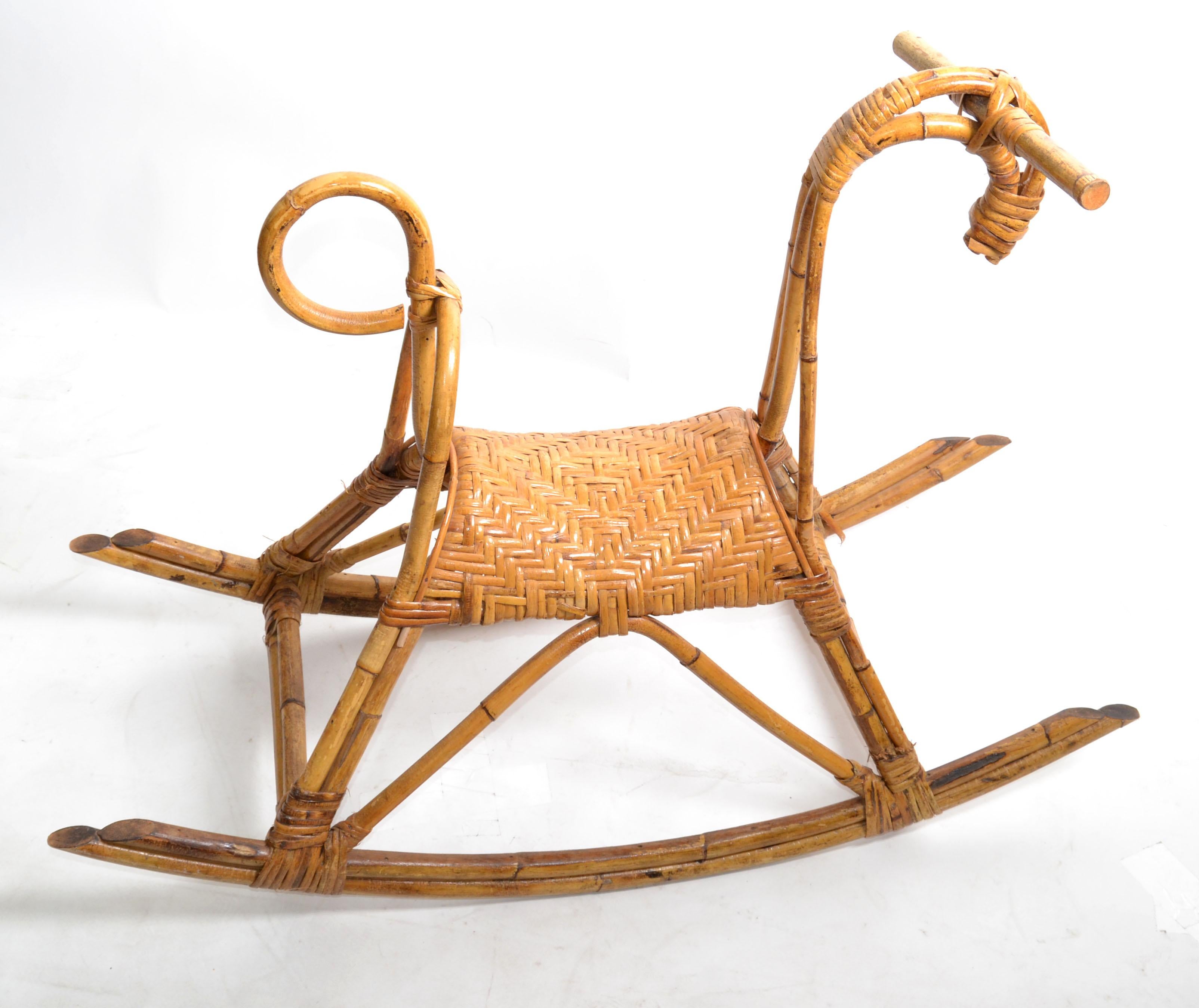 Franco Albini 1960 Rattan Cane & Bamboo Rocking Horse, Animal Sculpture Italy   In Good Condition For Sale In Miami, FL