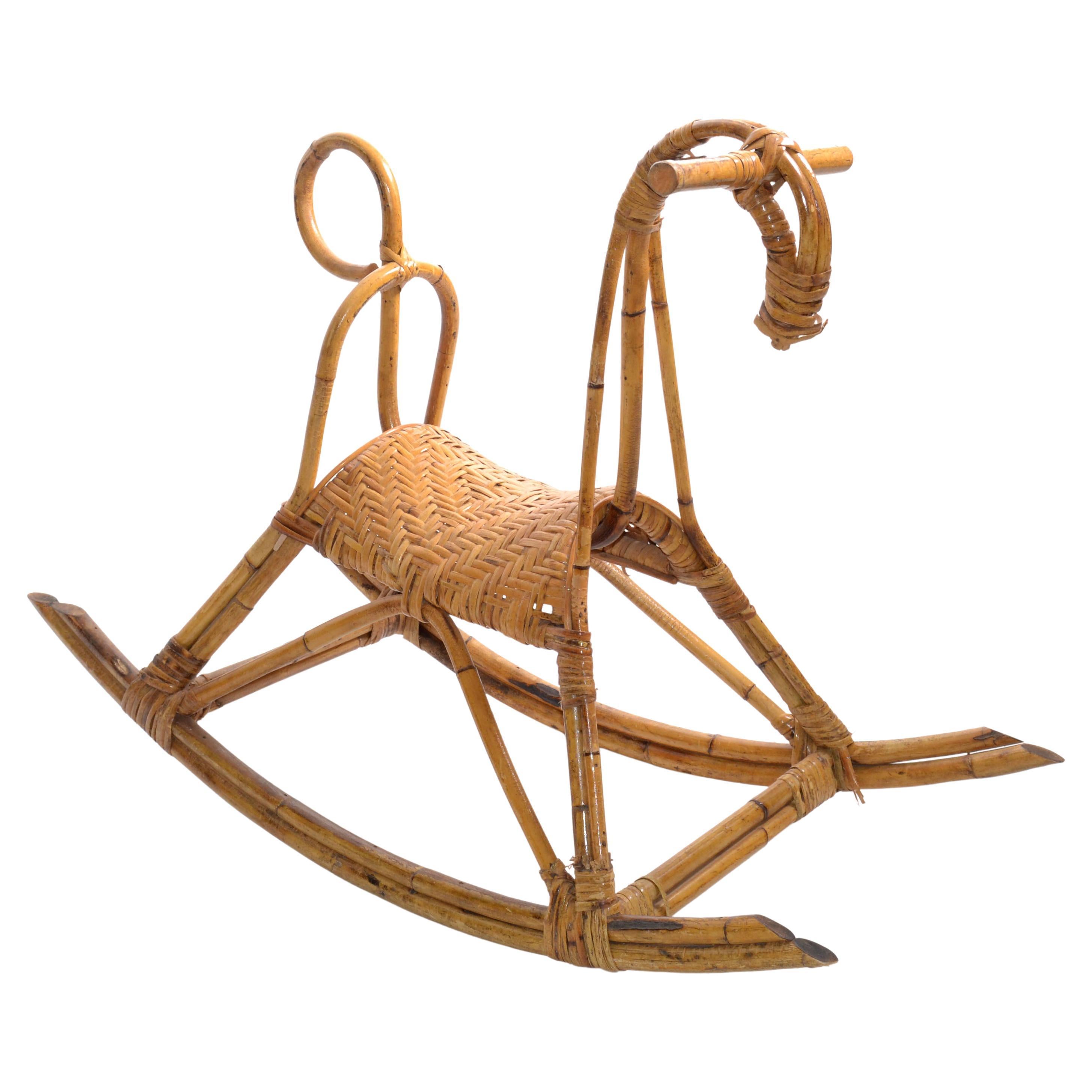 Franco Albini 1960 Rattan Cane & Bamboo Rocking Horse, Animal Sculpture Italy  