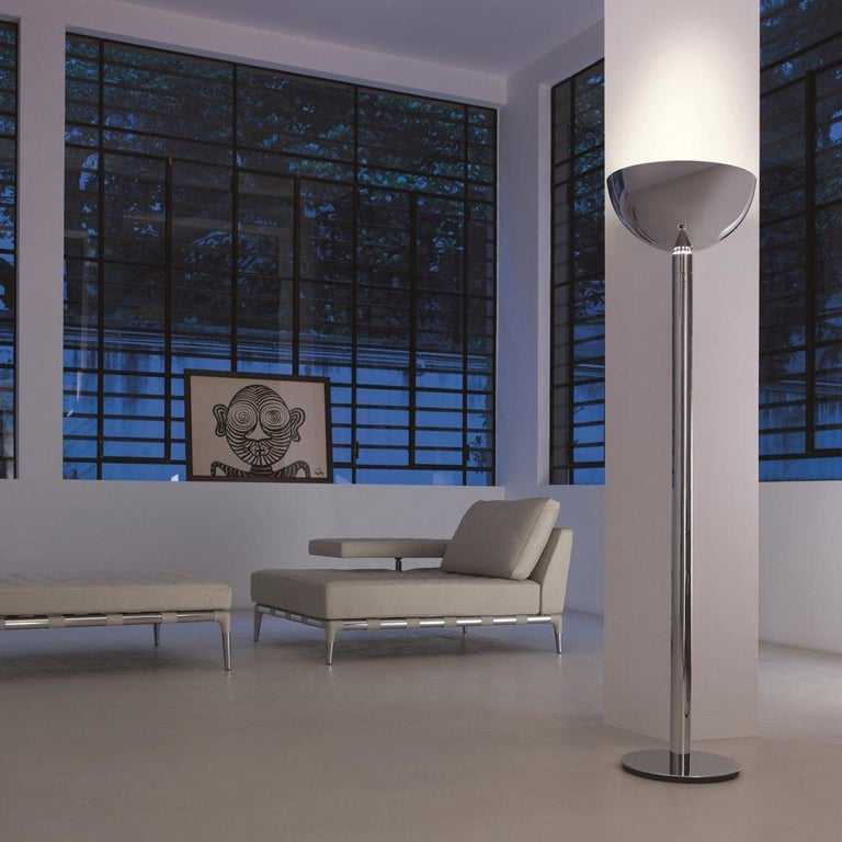 Franco Albini and Franca Helg 'AM2Z' Floor Lamp for Nemo in chrome.

This lamp features an elegant torchère design with chromed stem and diffuser. Its warm indirect light is adjustable via a dimmer on the 10' cable. An authorized re-edition, this