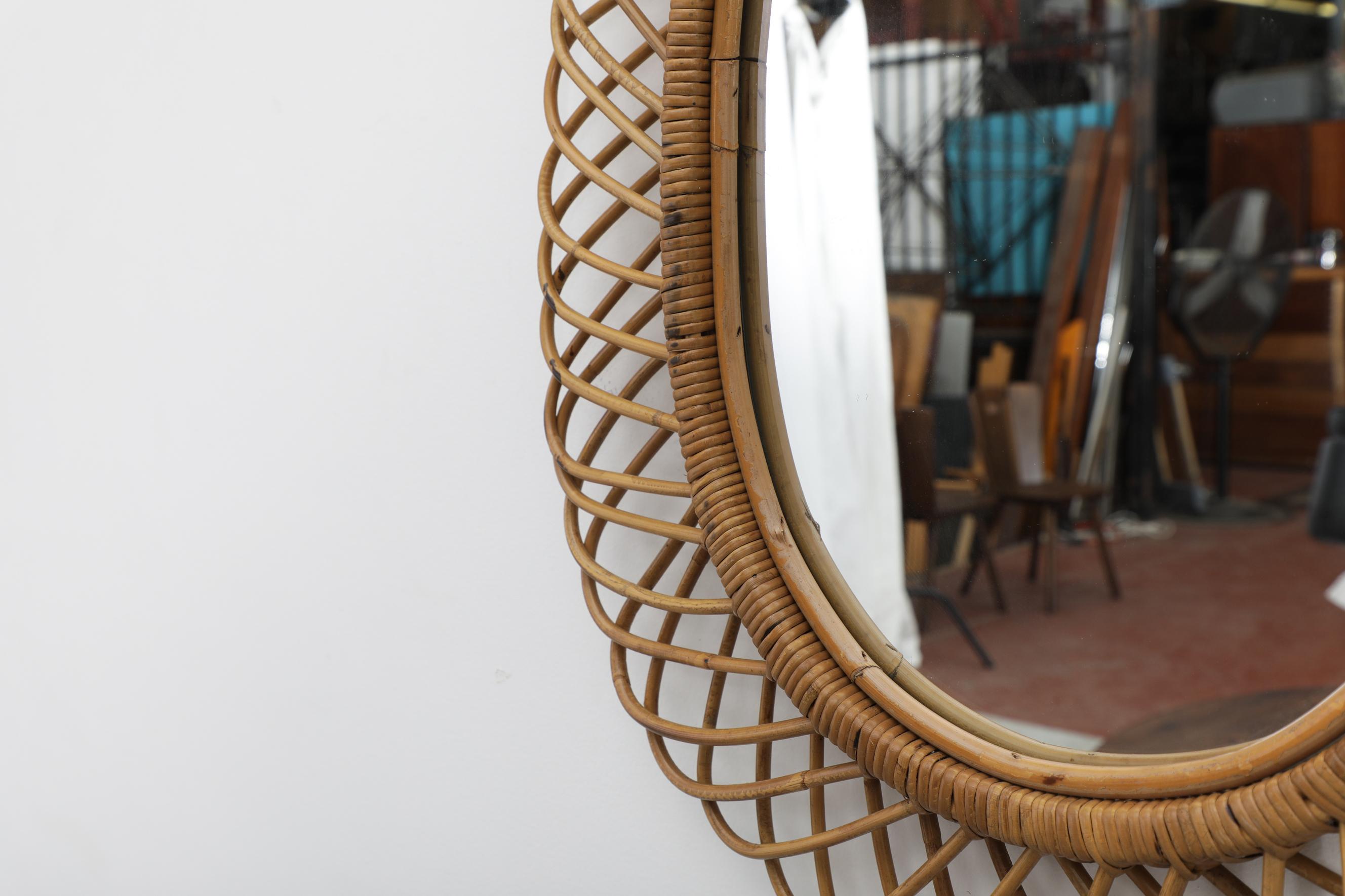 Franco Albini 'Attr' for Bonacina French Riviera Rattan and Bamboo Mirror, 1960s For Sale 1