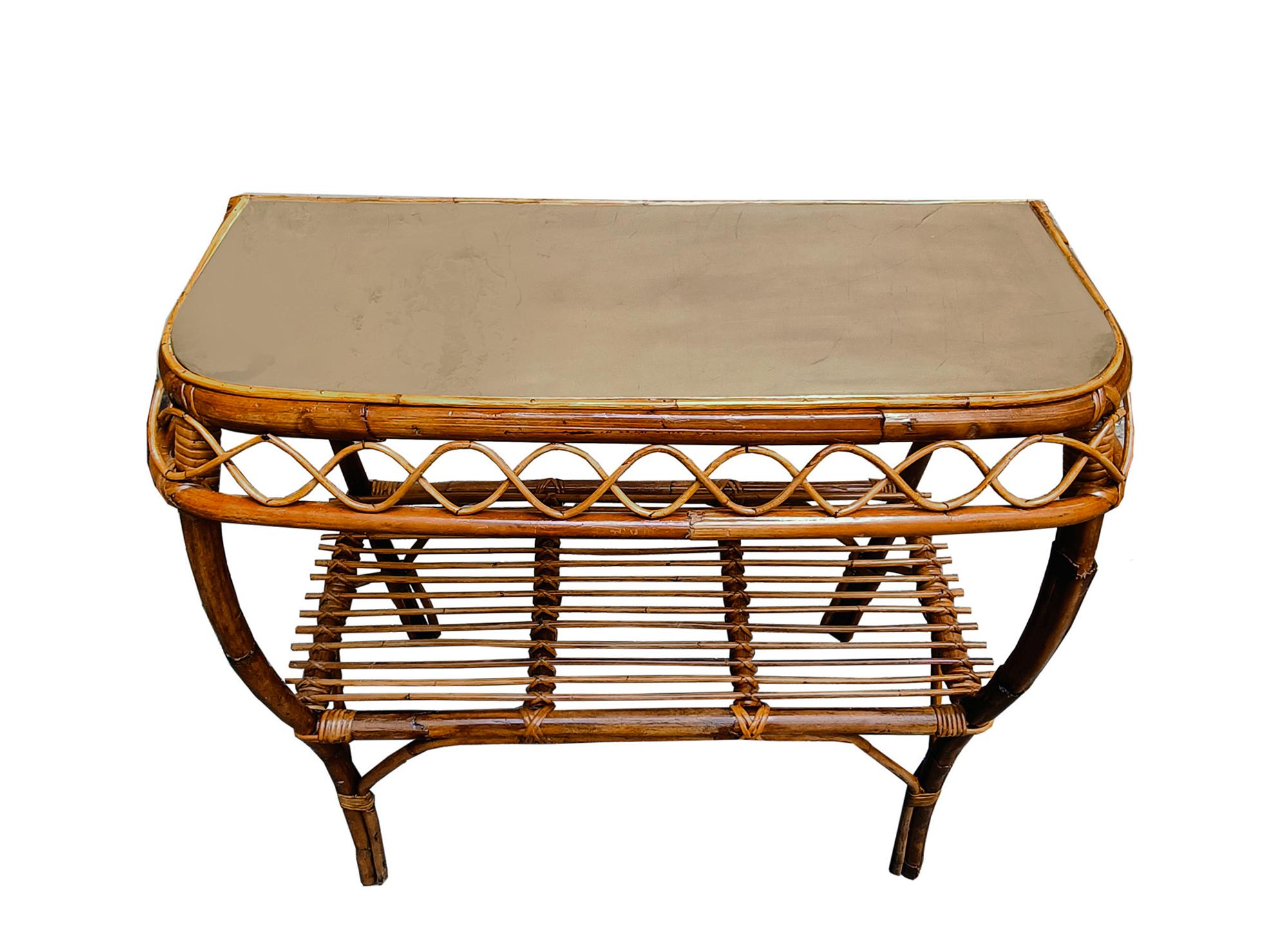 Franco Albini Attrib. Rattan and brass console table, Italy 1960s In Good Condition For Sale In Naples, IT